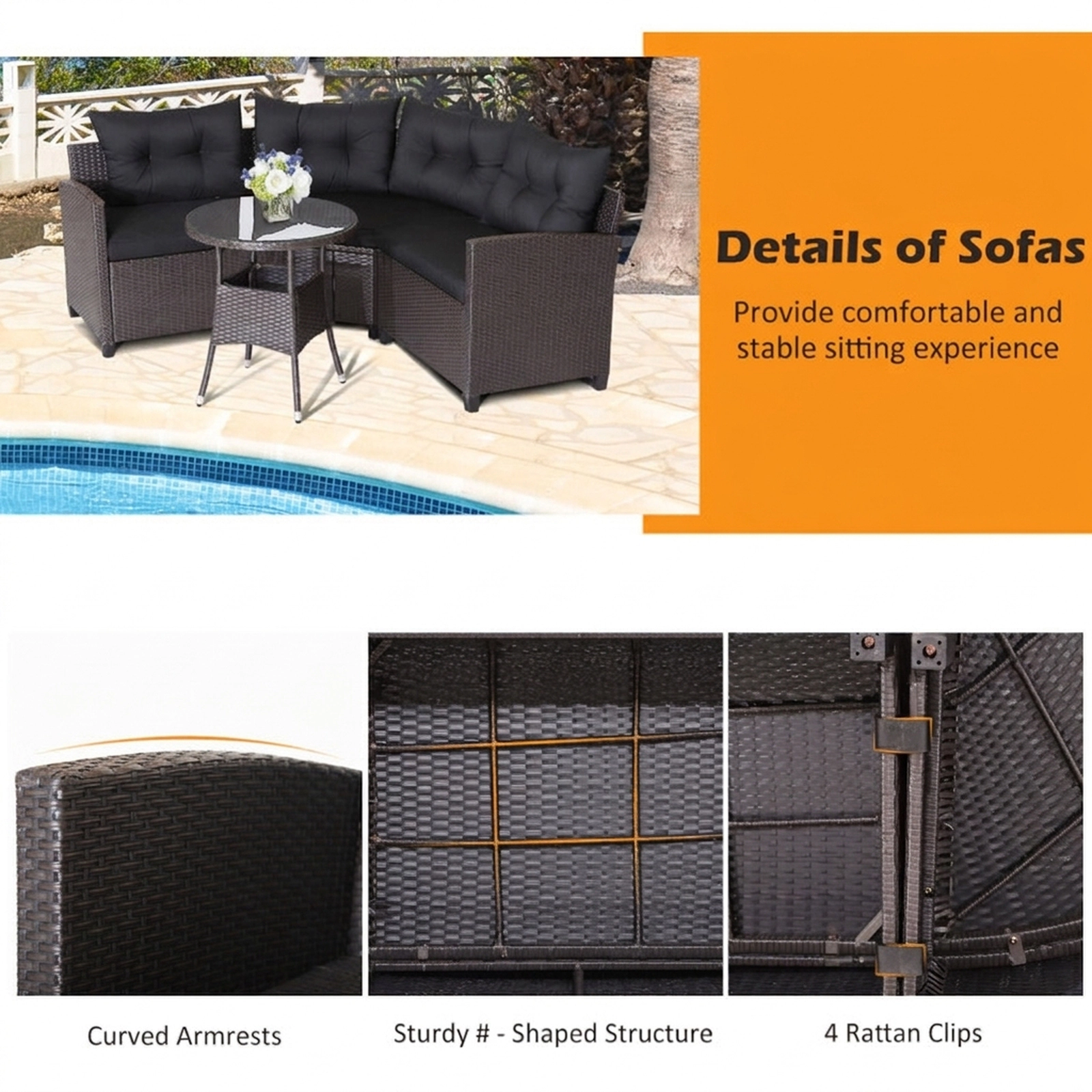 SUGIFT 4-Piece 400-lb Capacity Black Cushioned Rattan Outdoor Patio Sofa Set with Round Glass Coffee Table