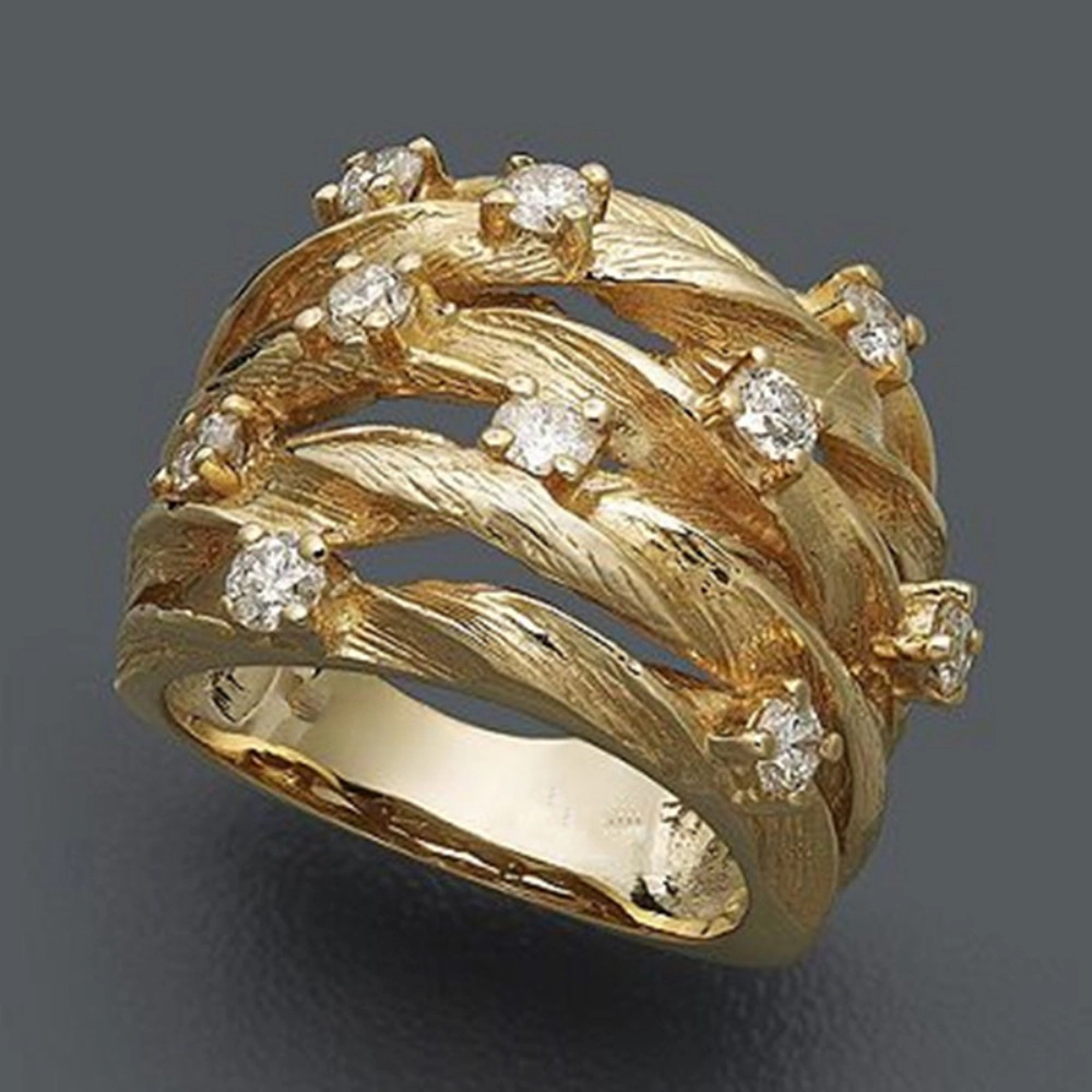 Twisted Branch Textured Cubic Zirconia Statement Ring for Women Vintage Wide Band Cocktail