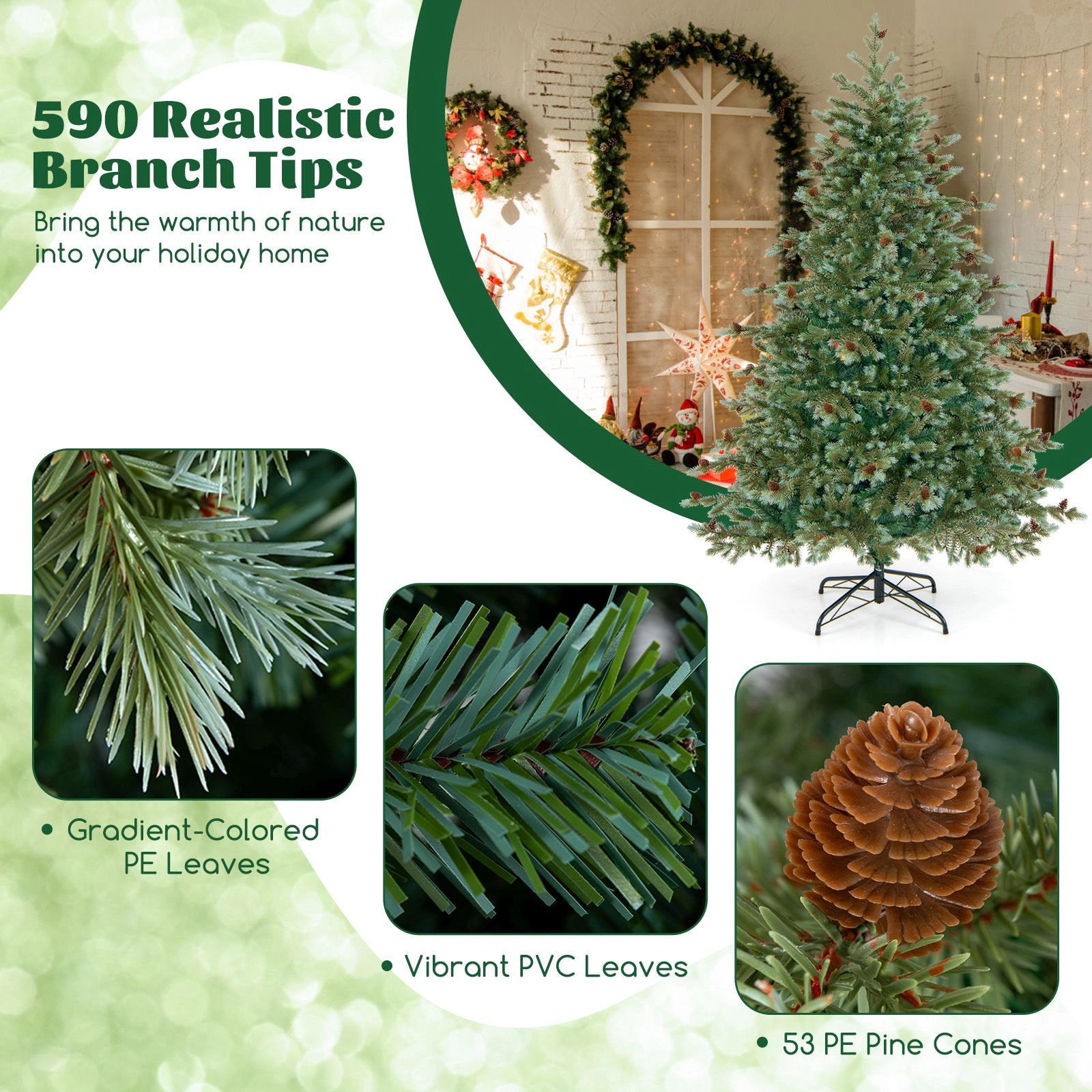 SlickBlue Artificial Christmas Tree with LED Lights & Pine Cones