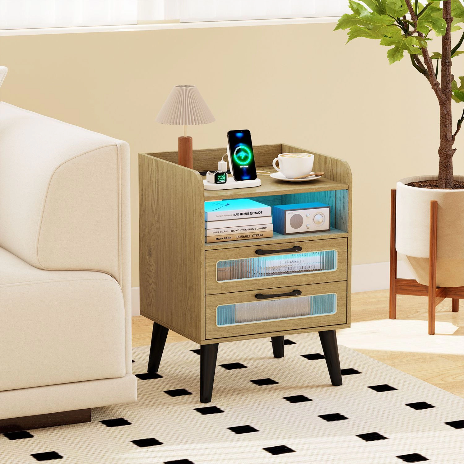 SlickBlue 2-Drawer Nightstand with RGB LED Lights and Storage