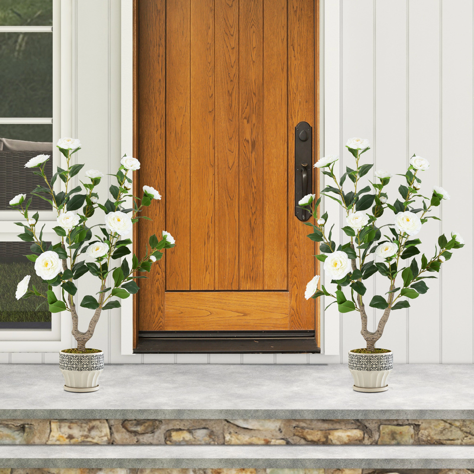SlickBlue Artificial Camellia Tree with Decorative Pot for Home Decor