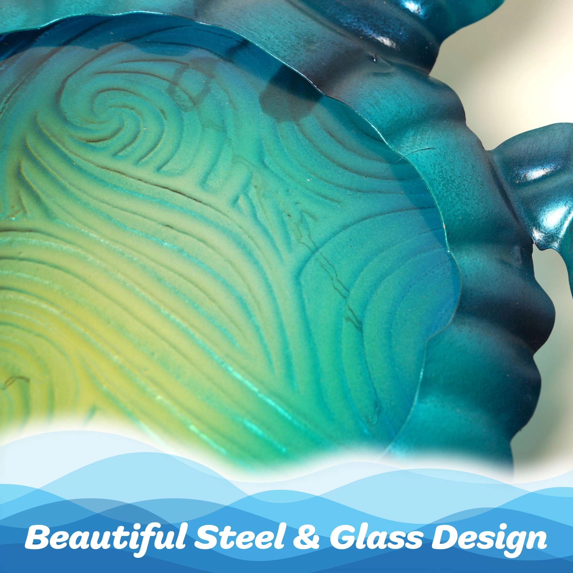 G128 Sea Turtle Metal Wall Art Set - Turquoise Glass and Iron Coastal Decor with LED Lights, Set of 2, Battery Operated