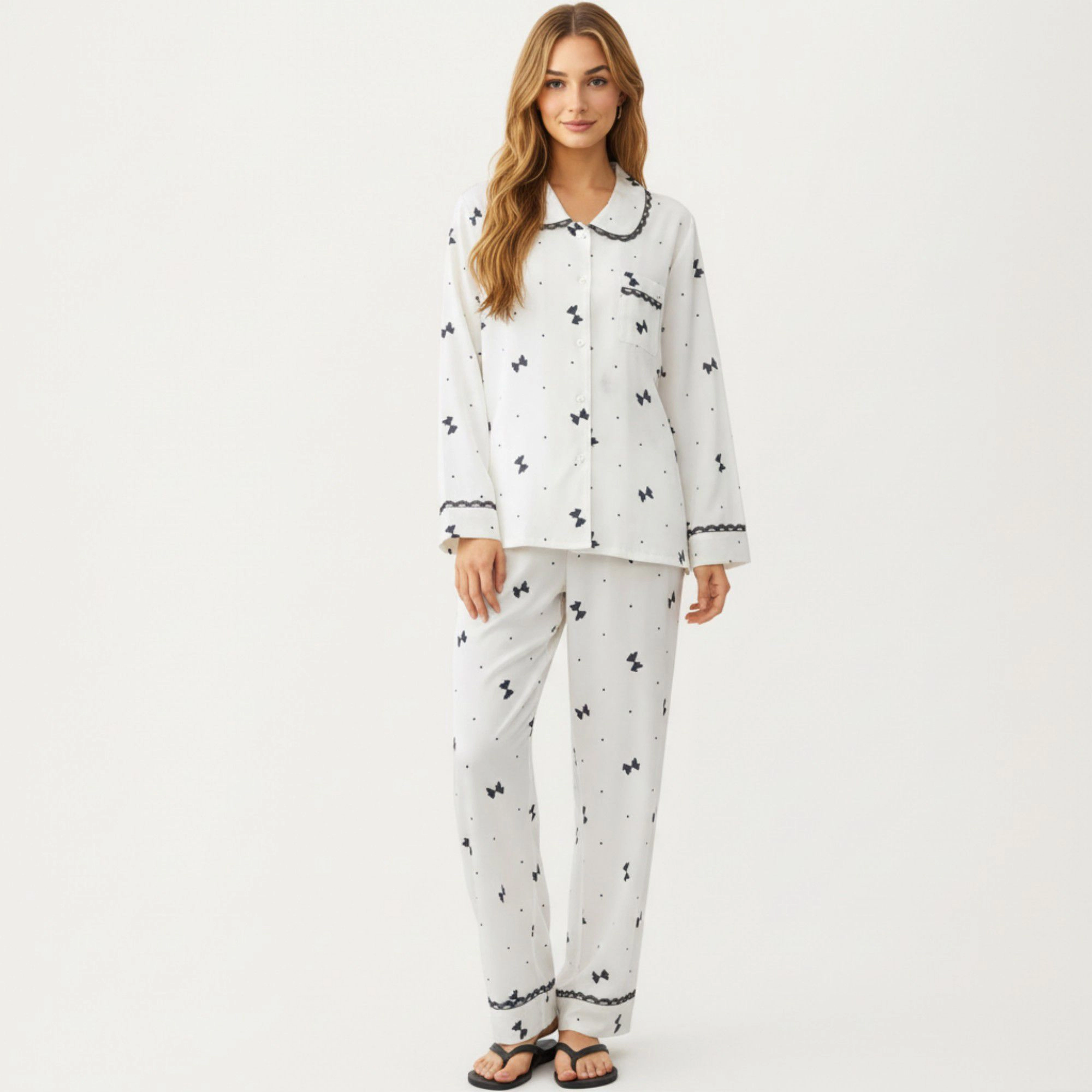 Anna-Kaci Women's 2-Piece Printed Button Front Pajama Top Contrast Trim and Matching Relaxed Fit Elastic Waist Pants