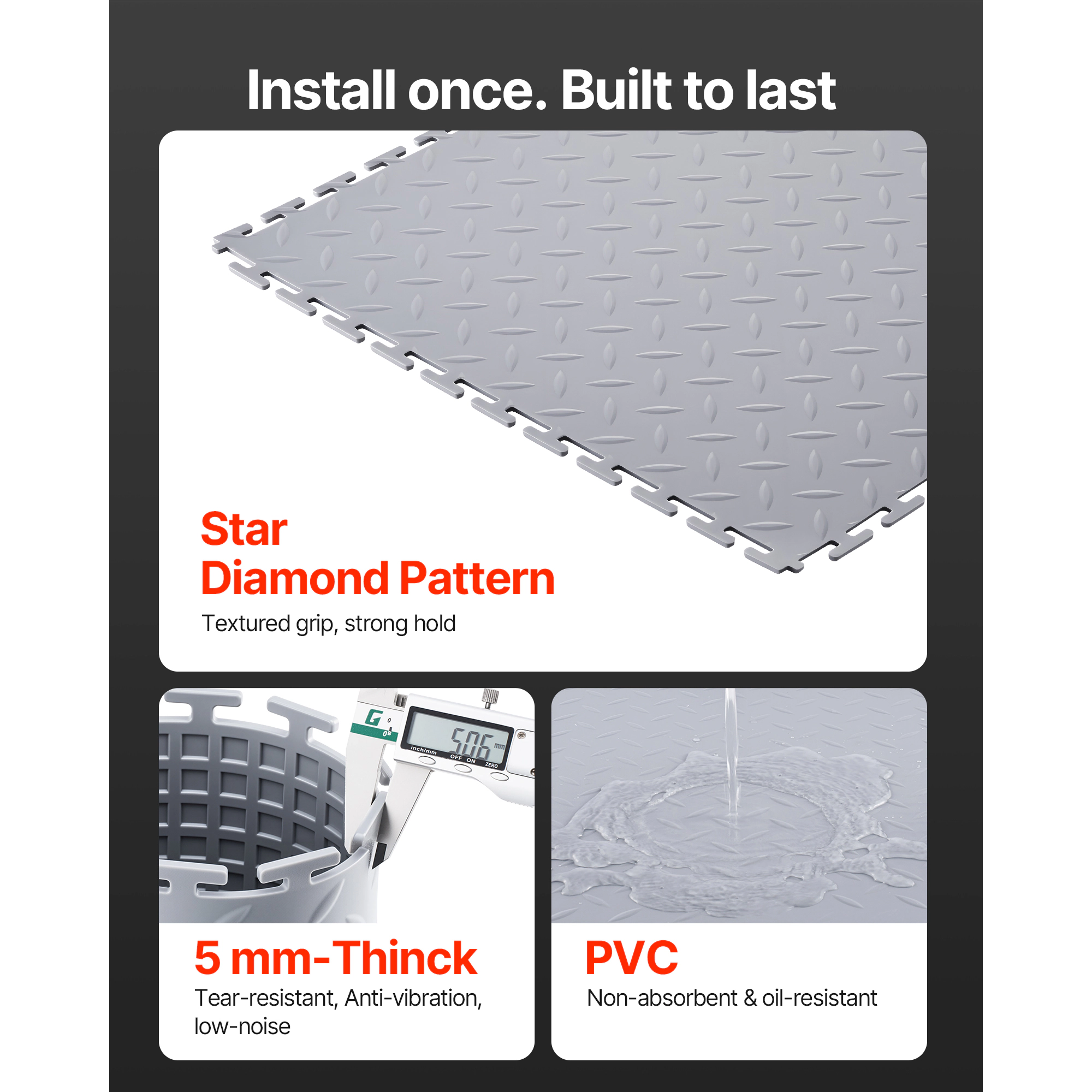 HONGGE Garage Floor Tiles Interlocking 20.2 x 20.2 x 0.2 in Interlocking Modular Garage Flooring Tiles Diamond Plate
