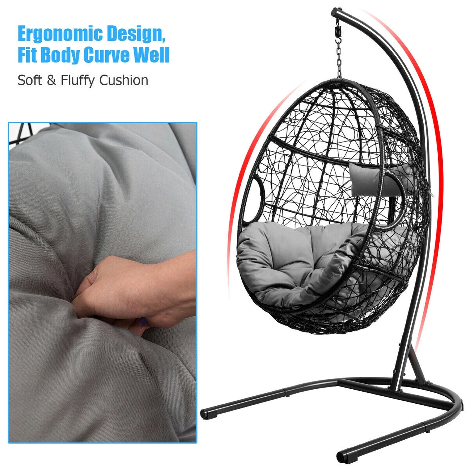 SUGIFT Gray Hanging Hammock Swing Chair with 81-in Alloy Steel Stand, Cushion and Pillow