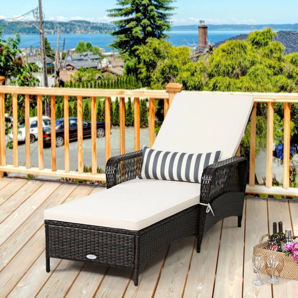 Hivvago Patio Wicker Chaise Lounge Chair with Pillow and Adjustable Backrest with Cushion