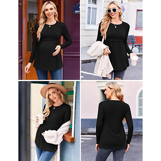 Ekouaer Women's Round Neck Long Sleeve Maternity Empire Waist Dress
