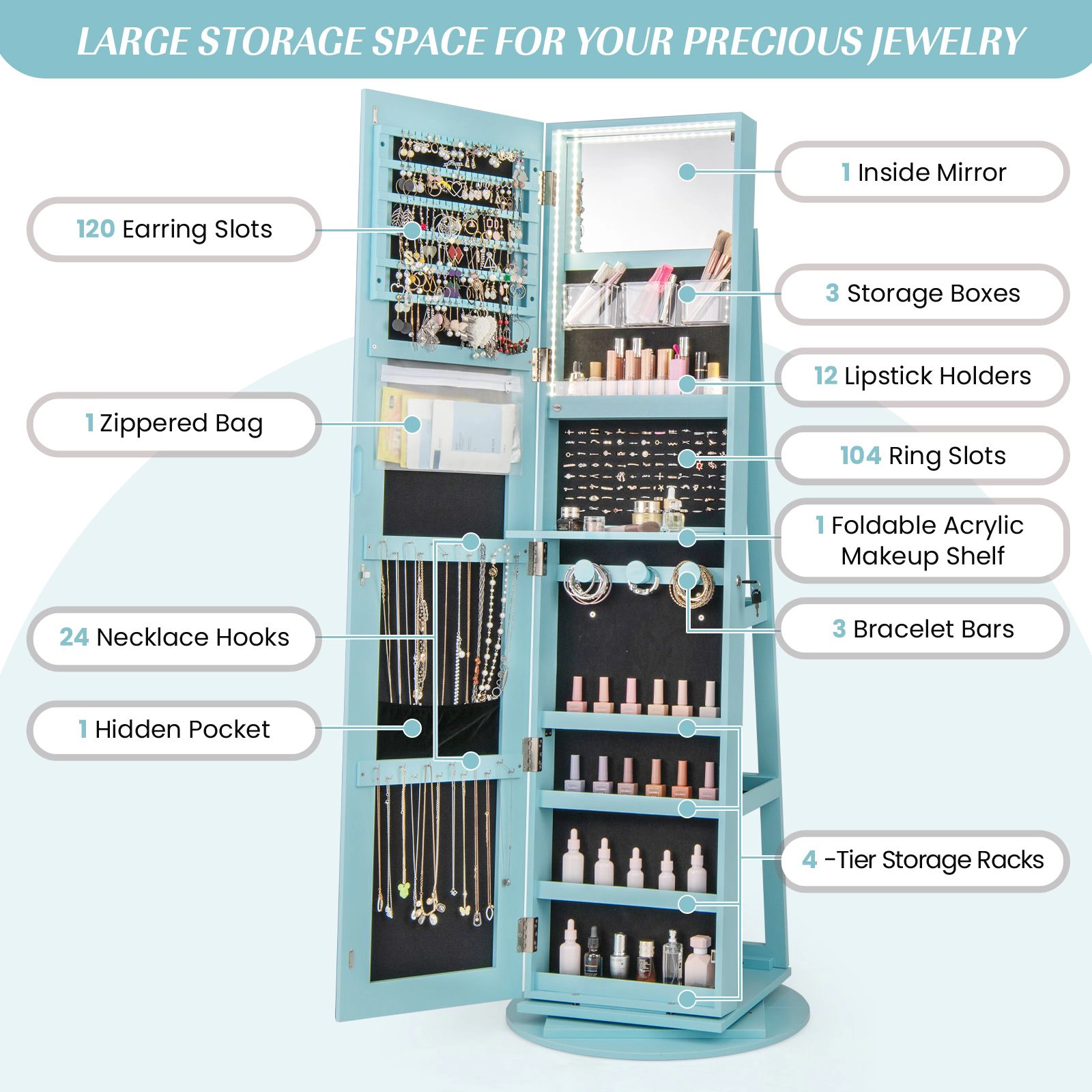 SlickBlue Lockable Jewelry Cabinet with Full Length Mirror