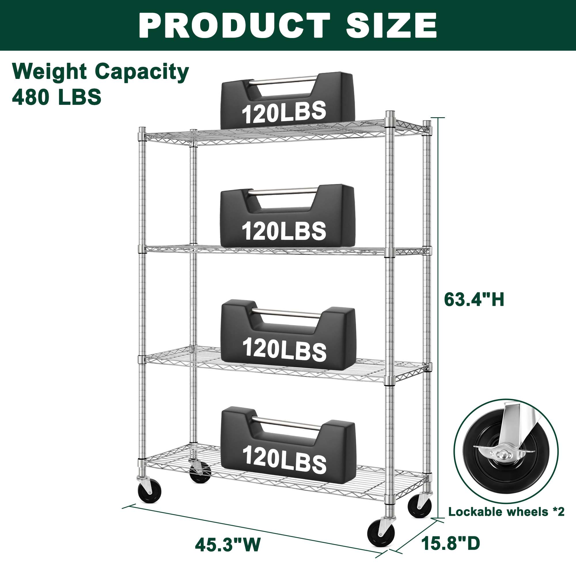 Flynama 4-Shelf Rolling Storage Shelving, Heavy Duty Steel, Chrome (45"W x 63"H x 16"D), Pantry Kitchen