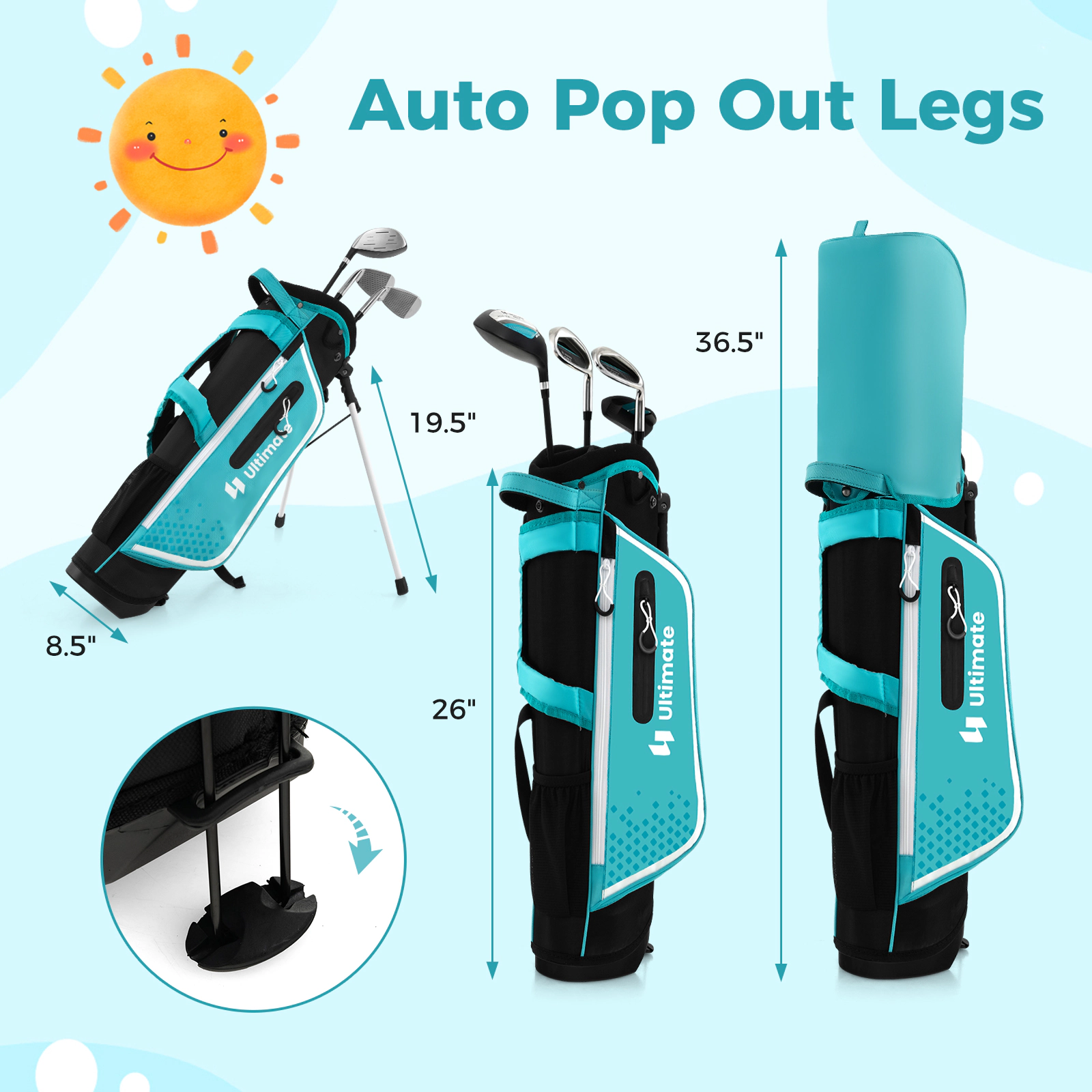 LJG Junior Complete Golf Club Set for Kids with Rain Hood Right Hand Children Age 8-10 Years Old