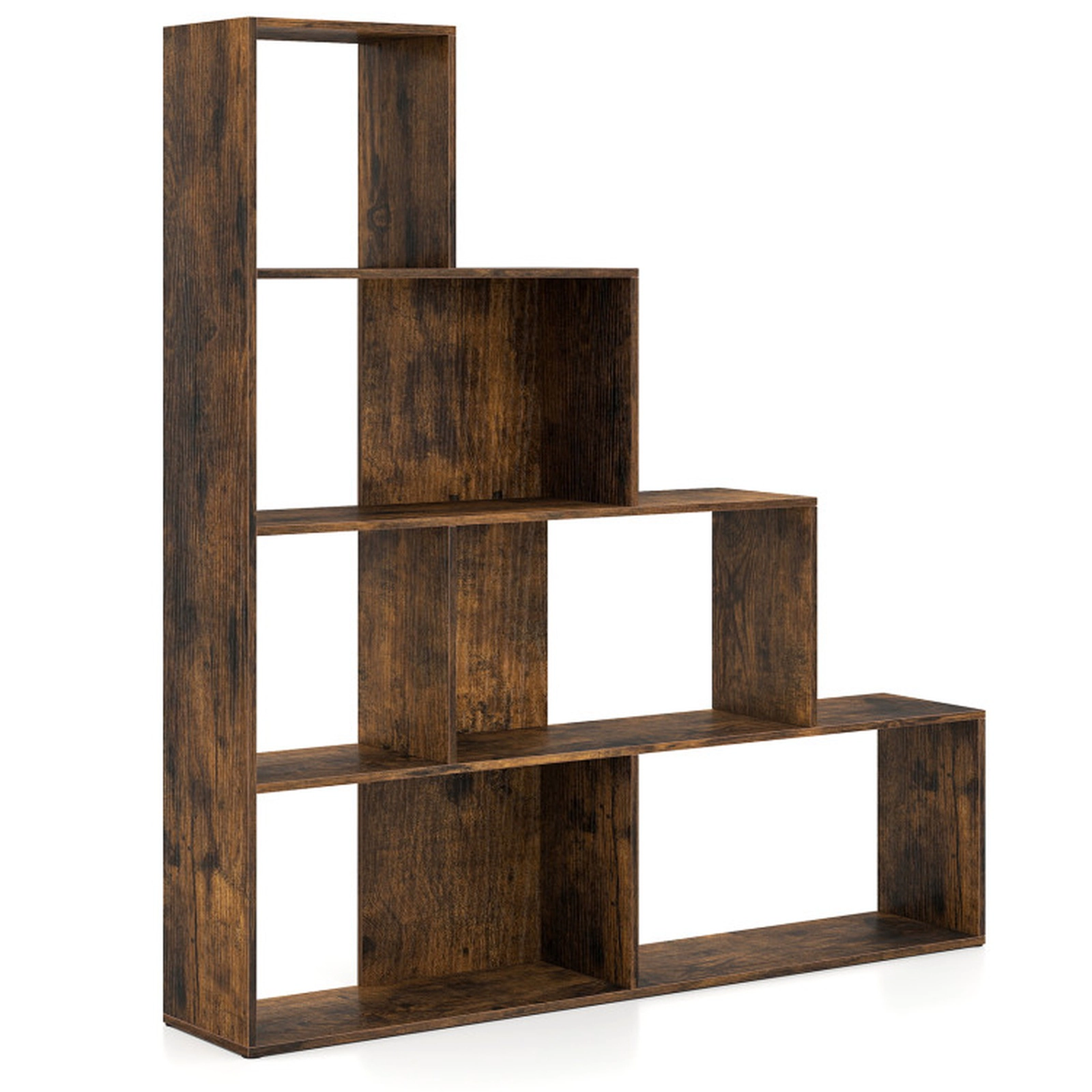 SUGIFT 4-Tier Rustic Brown 60-in Wide Stepped Bookshelf Room Divider with 6 Cubes and Freestanding Ladder