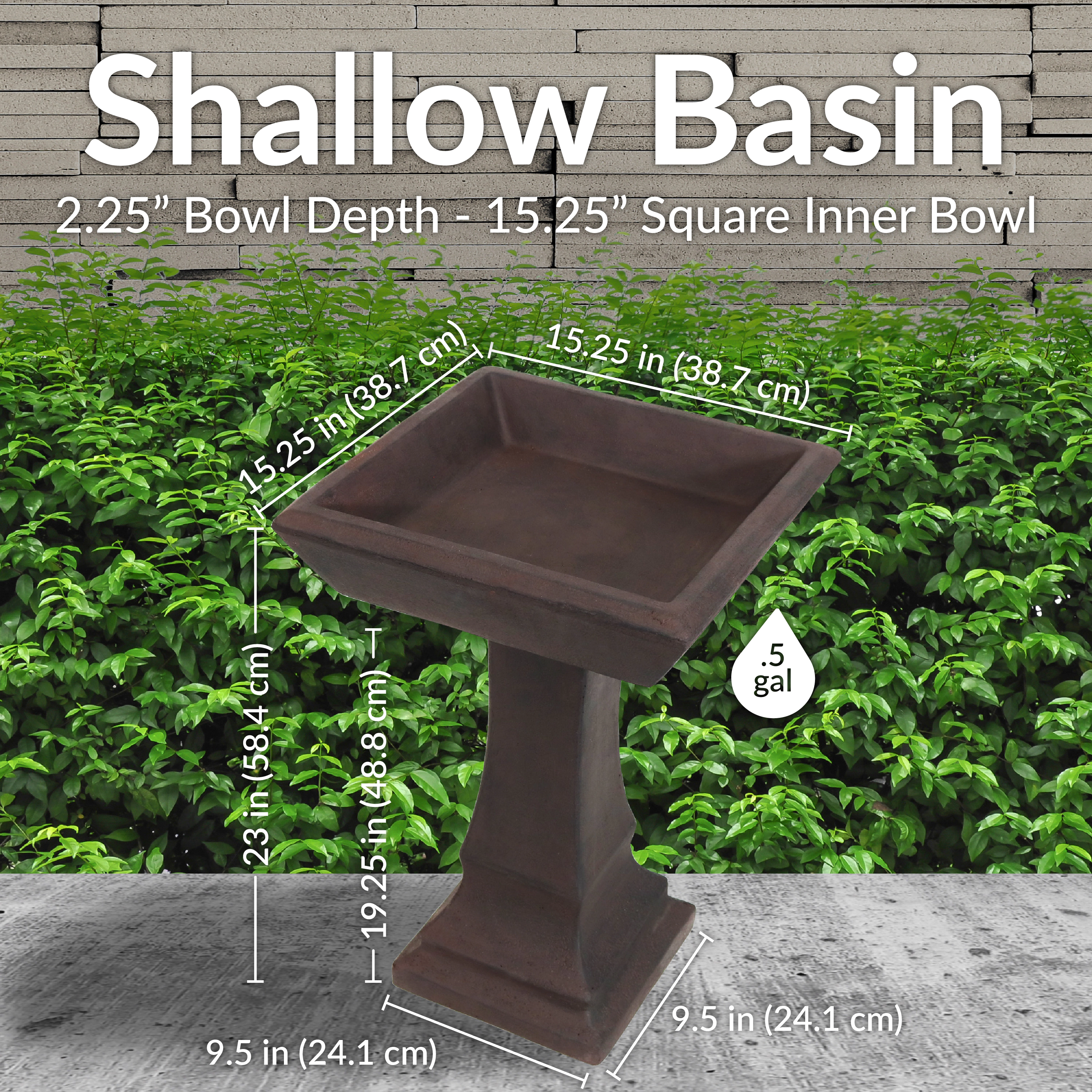 Sunnydaze Square Concrete Bird Bath for Outdoors, 23” H, Brown