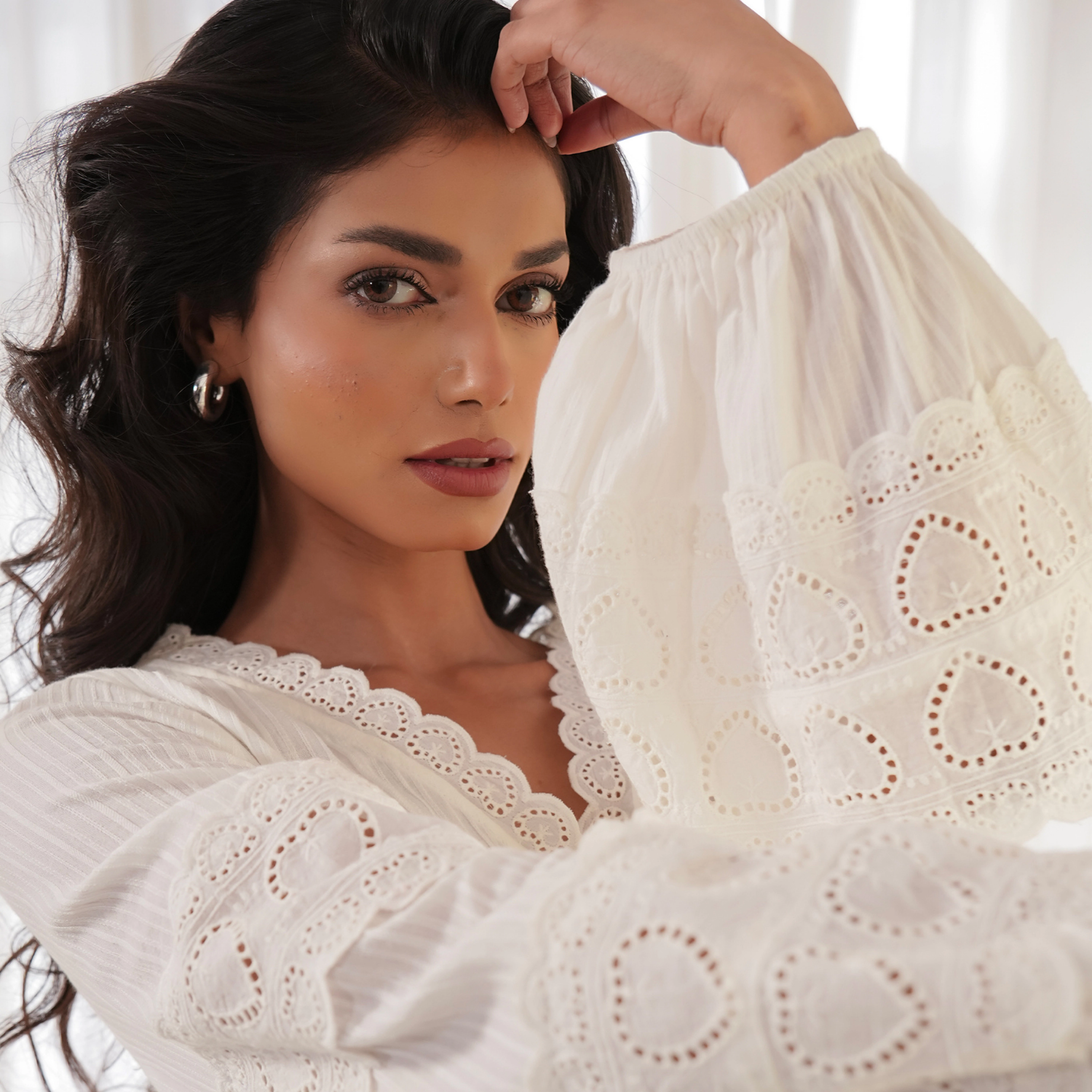 Rose & Nancy Women's Harri White Cotton Heart Lace Blouse