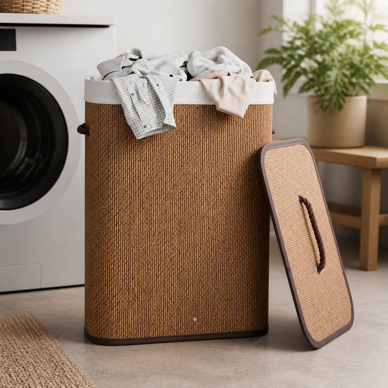 SUGIFT Brown 19-gal Bamboo Clothes Hamper with One-Hand Lid Handle Removable Liner and Side Handles