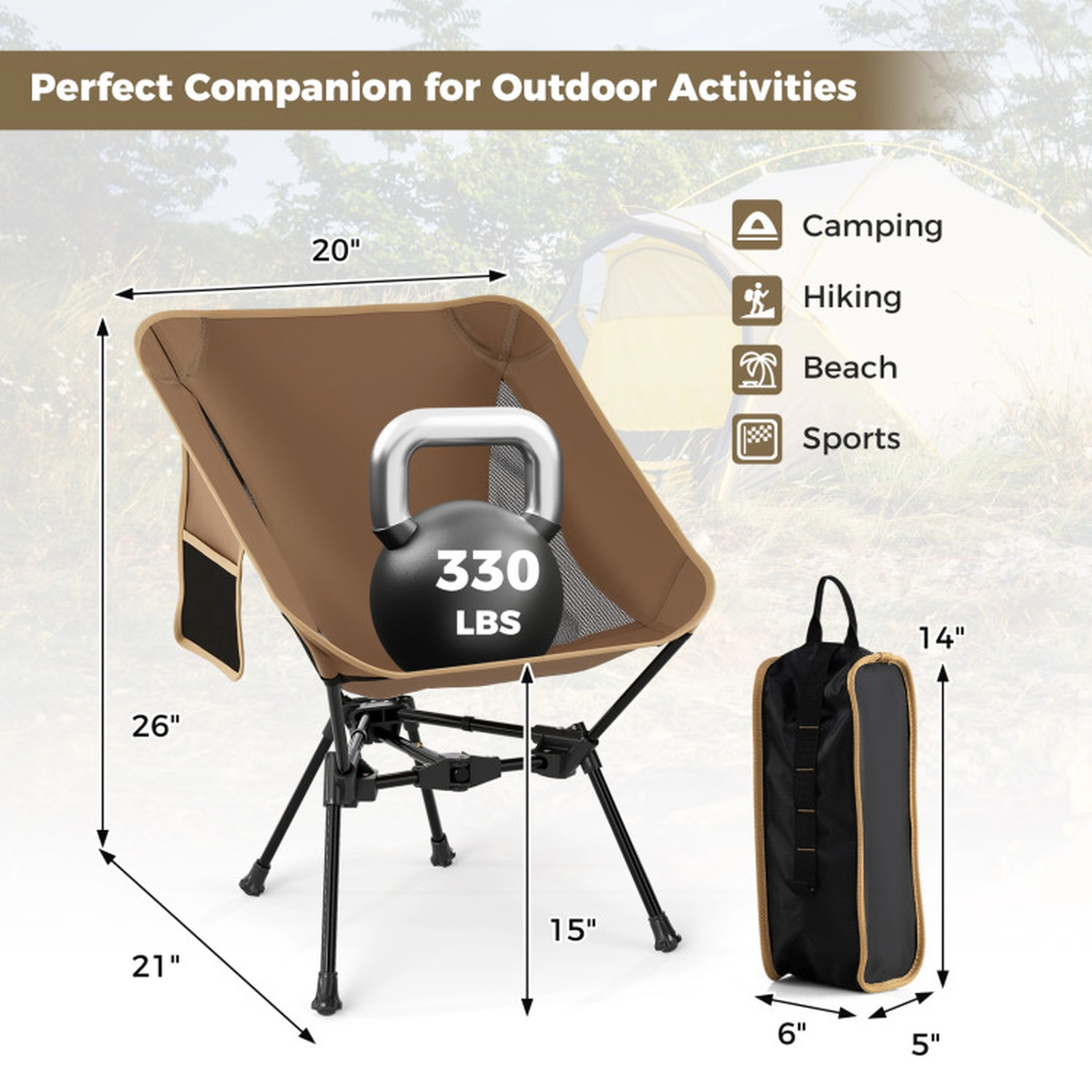 SUGIFT Double-Triangular Frame Portable Camping Chair with Carrying Bag Coffee+Black
