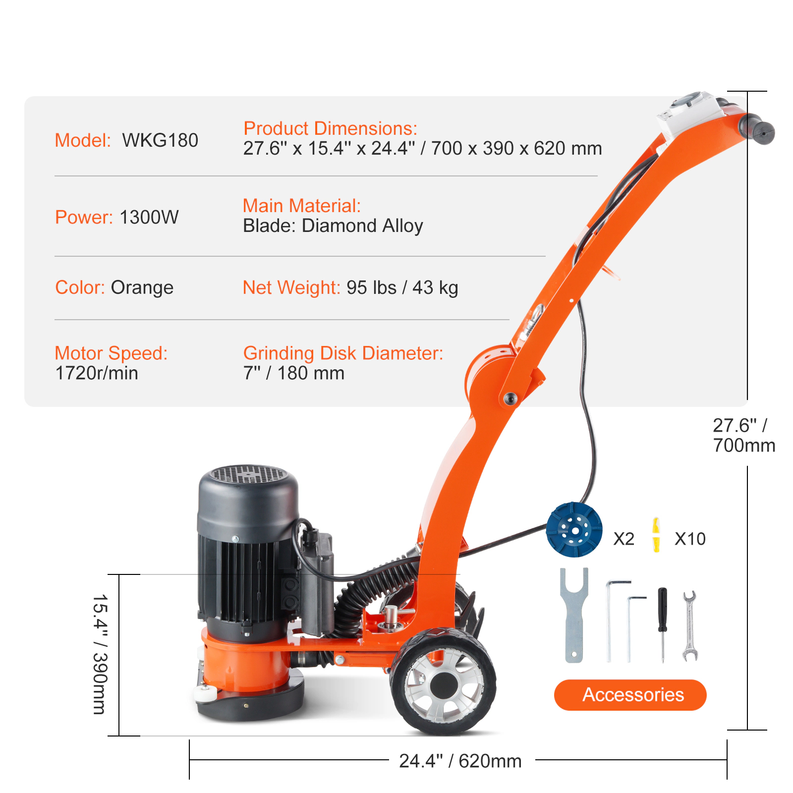 HONGGE Electric Concrete Floor Grinder Walk-Behind Grinder 1.7HP Concrete Floor Polisher 1300W Grinding Machine 1720RPM