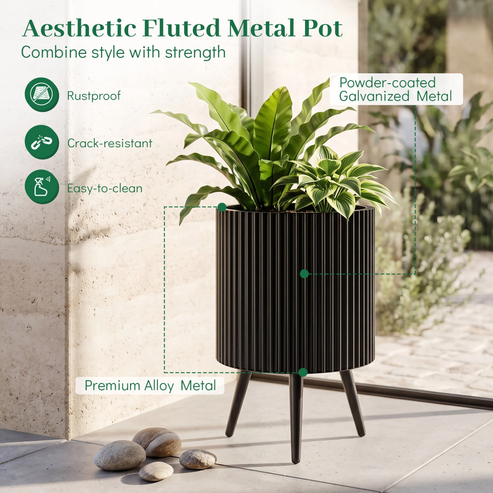 SUGIFT 14-in 110-lb Capacity Black Fluted Metal Plant Pot with Stand Tapered Legs and 3 Drain Holes