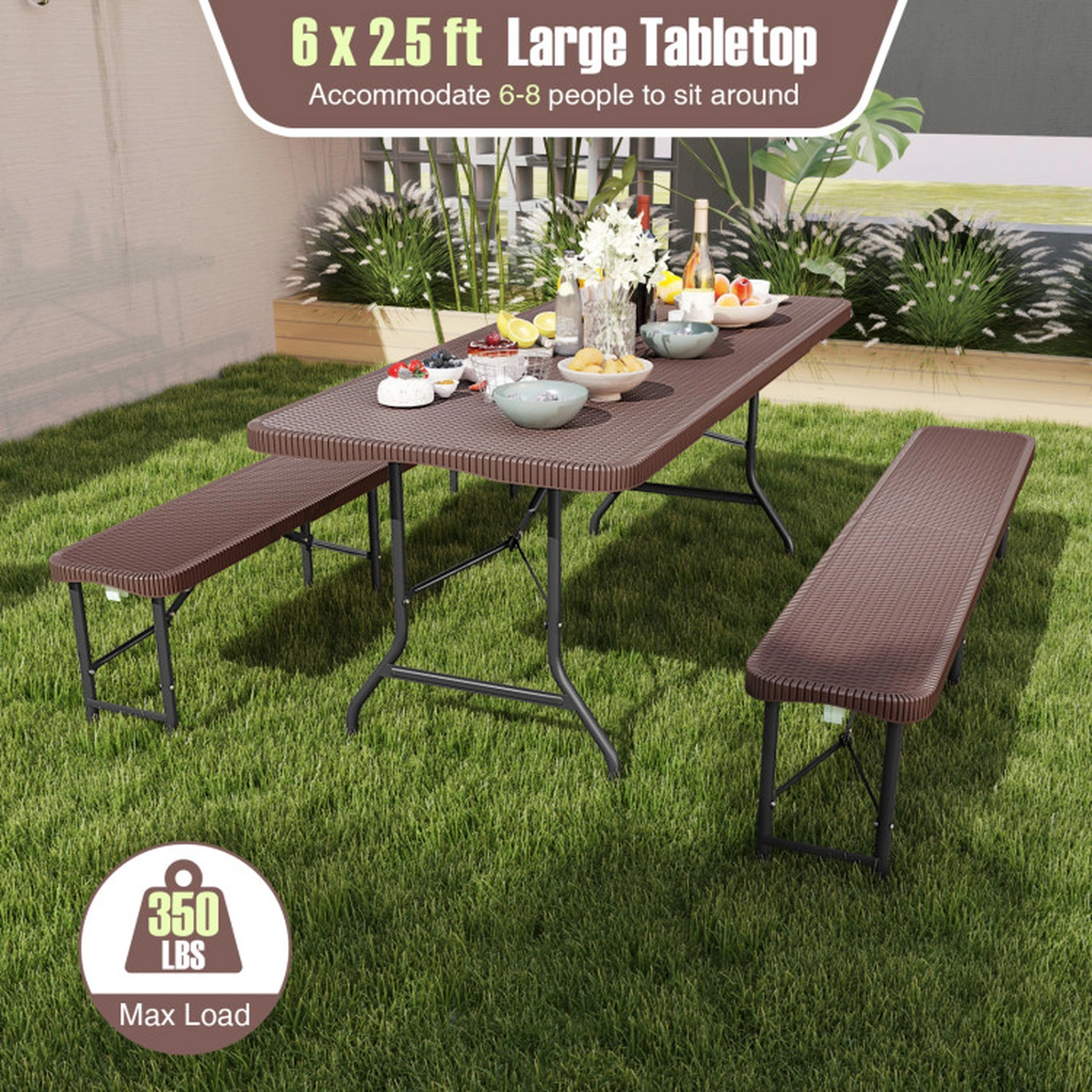 SUGIFT 6-Ft Coffee Folding Table, Rattan-Look HDPE Top, Locking Legs