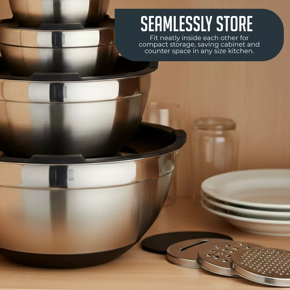 Luminuxe 5‑Piece Stainless Steel Mixing Bowls with Lids & Grater, Durable Rust‑Resistant Nonslip Nesting Kitchen Bowls