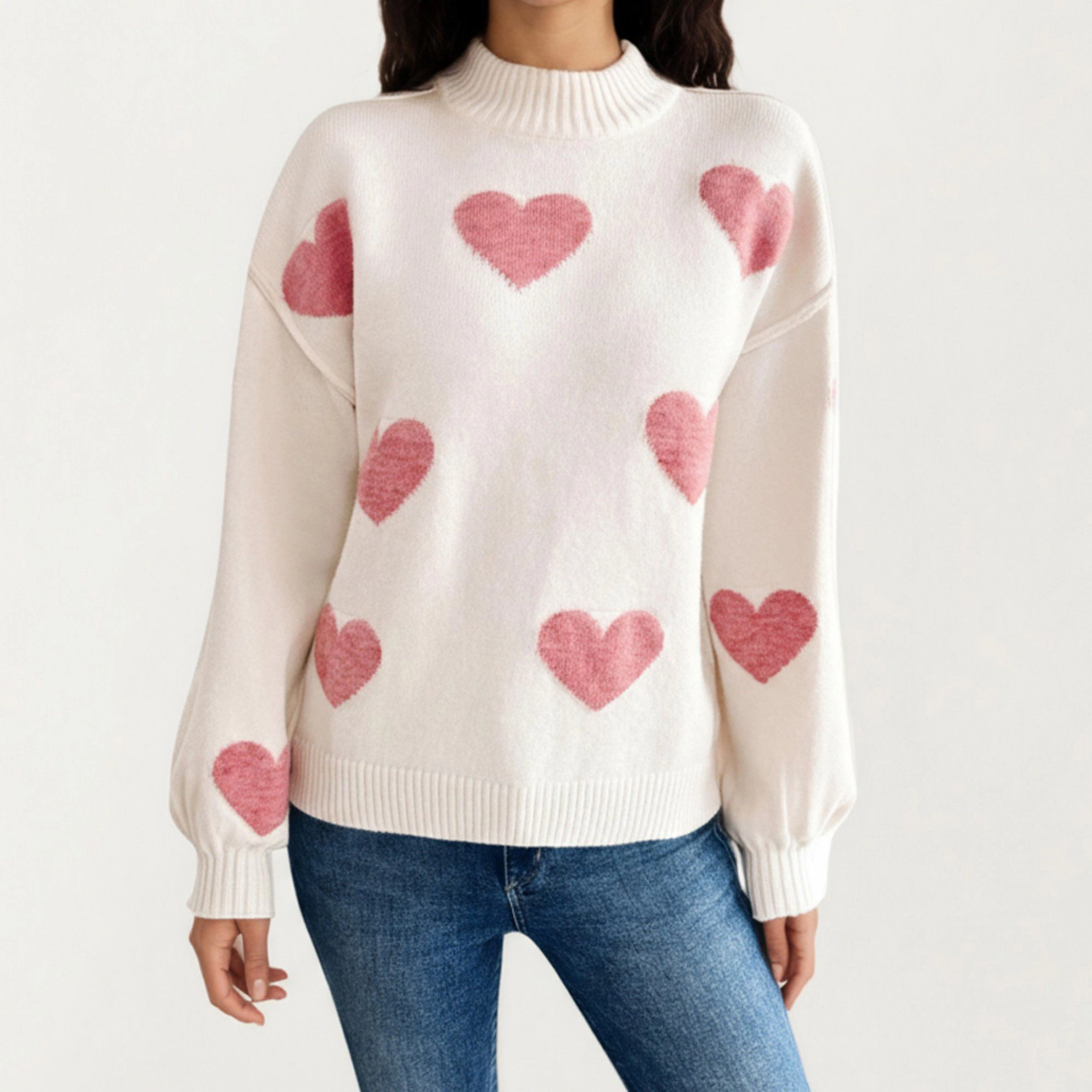 Anna-Kaci Women's Long Sleeve Valentine Knit Sweater with Heart Pattern and Ribbed Trim