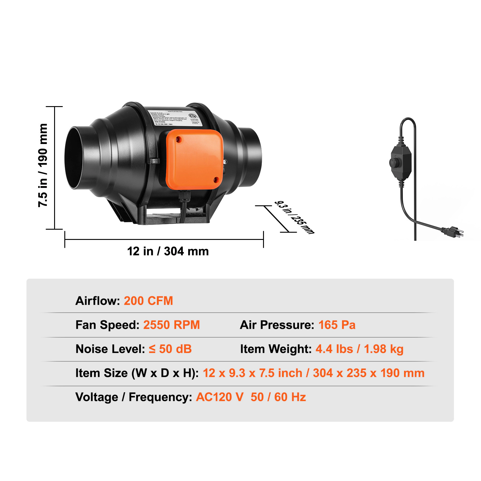 HONGGE Inline Duct Fan with Variable Speed Controller Quiet AC-motor Ventilation Exhaust Fan for Cooling Booster Grow