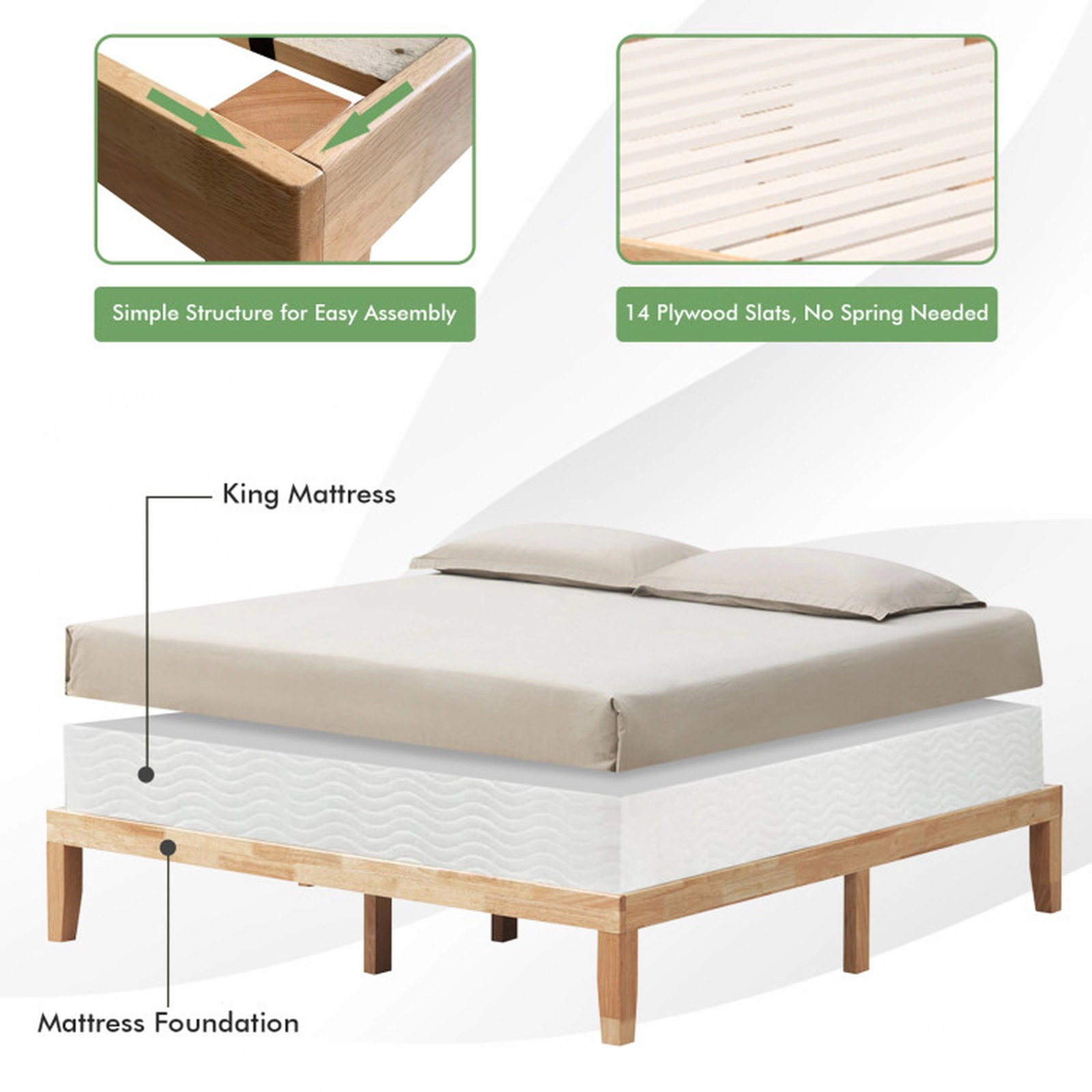 SUGIFT Slat Support 14 Inch King Rubber Wood Platform Bed Frame