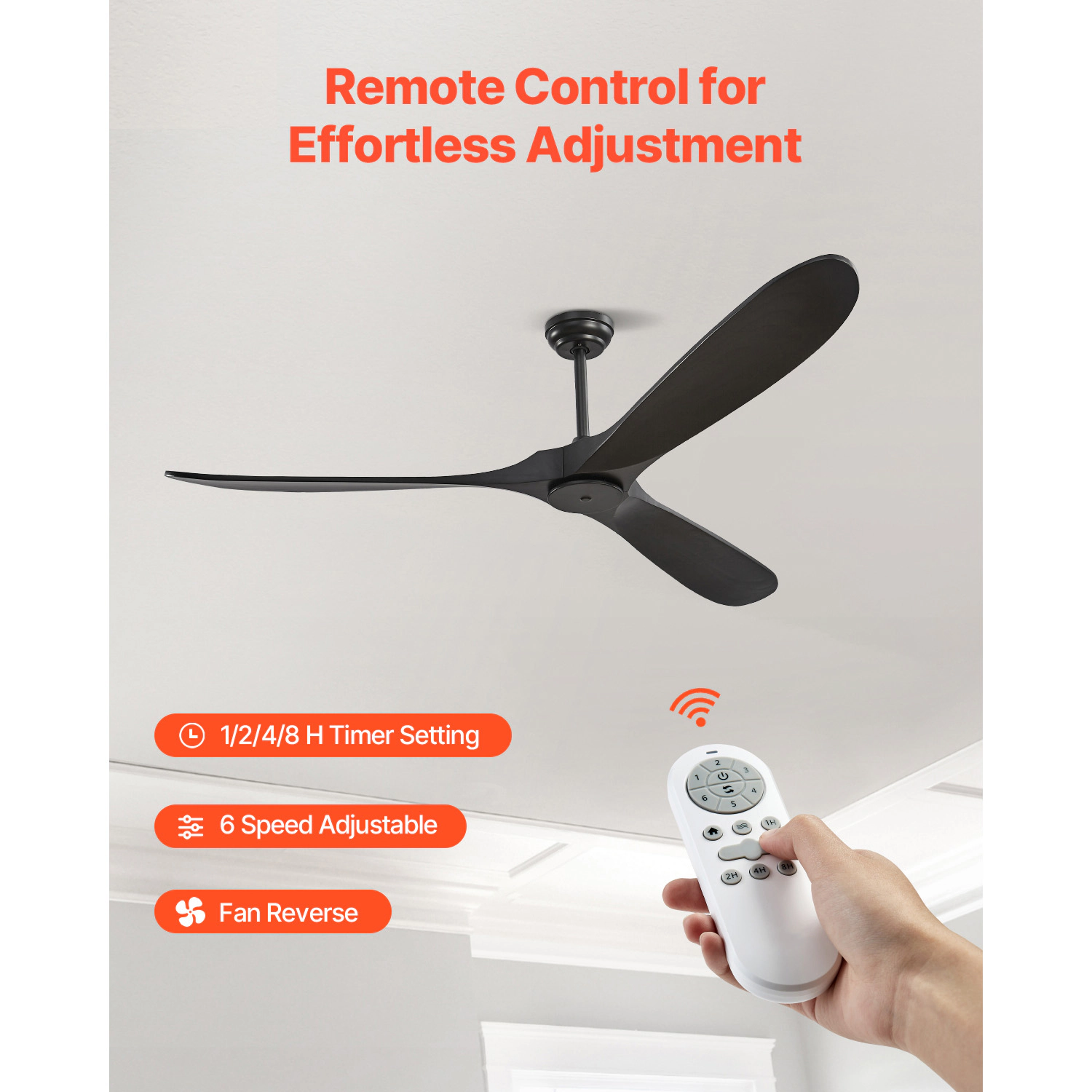 HONGGE 72 Inch Ceiling Fan without Light 6-Speed Remote Control 3-Wood-Blade Reversible DC Motor Modern Low Profile