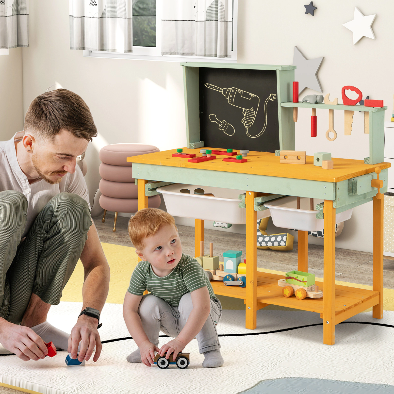 LJG Kids Wooden Toy Workbench with Storage Space and Blackboard