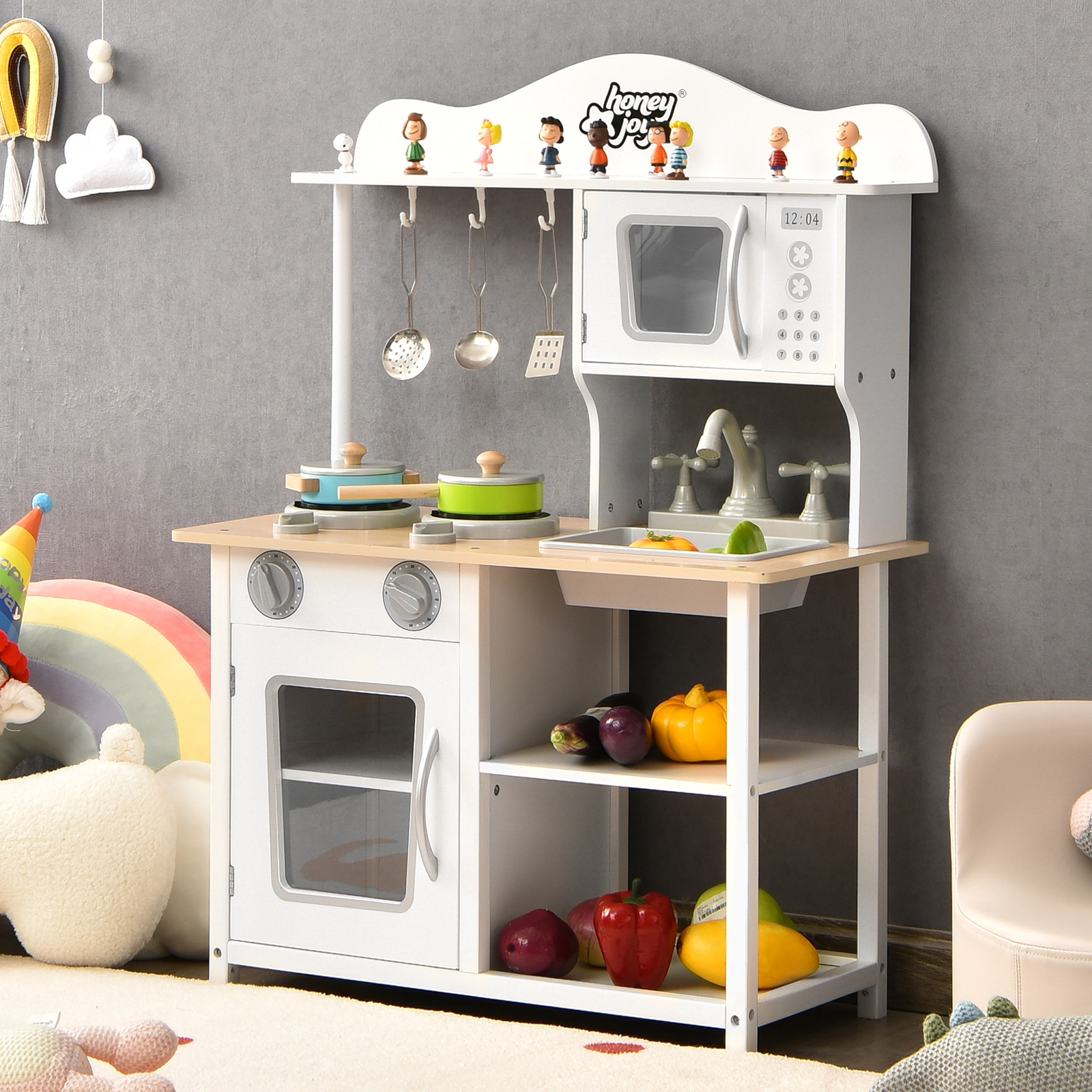 LJG Wooden Pretend Play Kitchen Set for Kids with Accessories and Sink