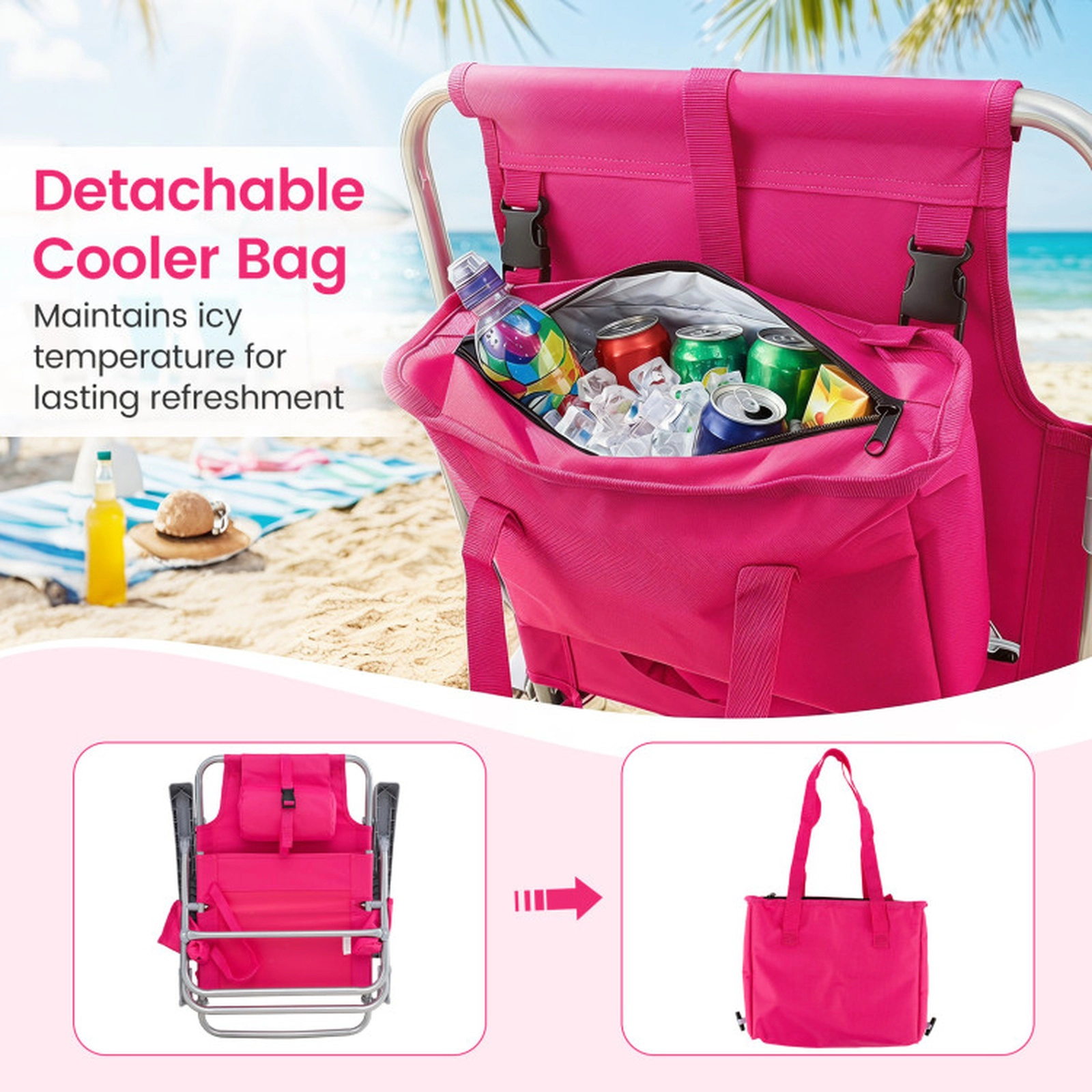 SUGIFT 2-Pack Pink Folding Backpack Beach Chairs with 7-Position Recline, Cooler Bag and Cup Holders