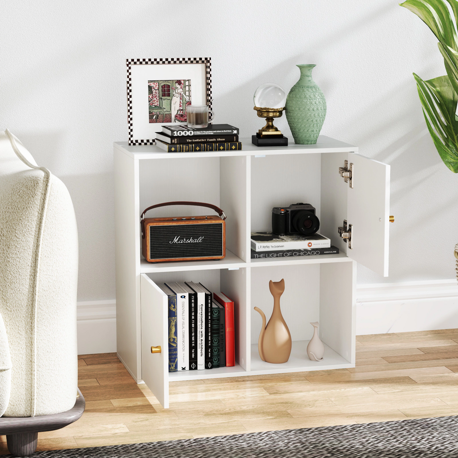 SUGIFT 4-Cube White 24-in Bookshelf with 2 Cabinet Doors Dual Anti-Tipping Kits and 45-lb Cubes