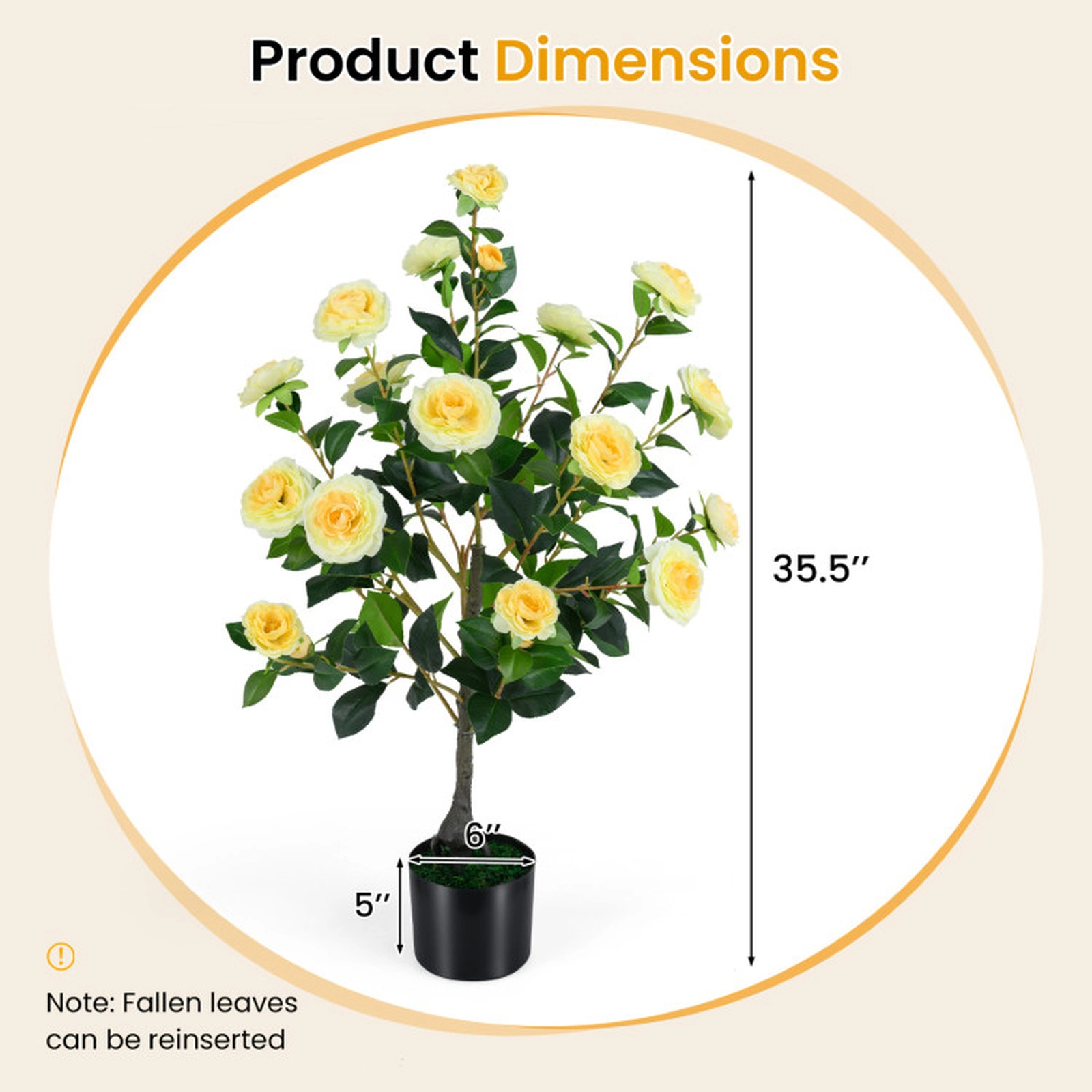 SUGIFT Artificial Camellia Tree Faux Flower Plant in Cement-Filled Pot 35.5-in Tall Yellow