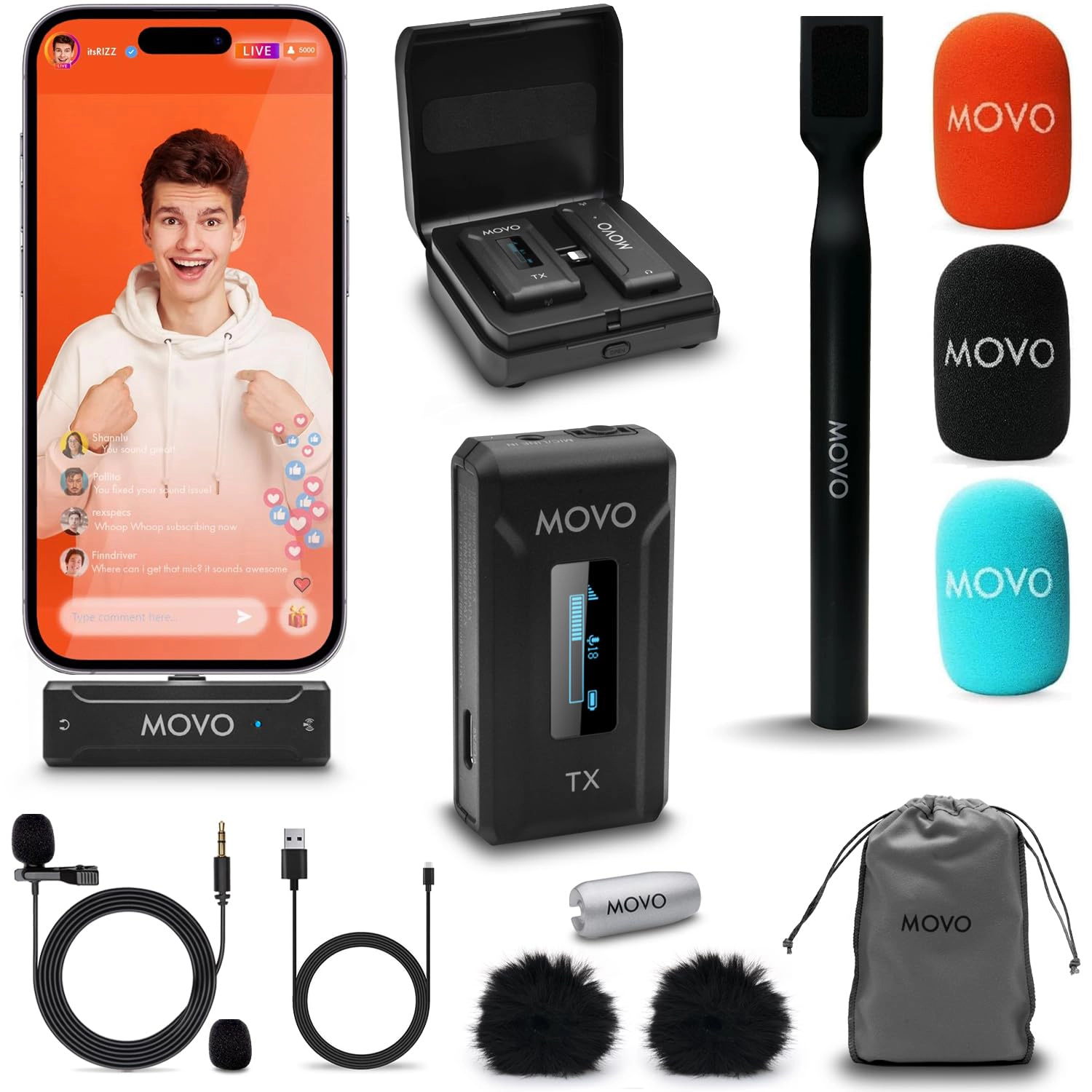 Movo WMX-2-L Wireless Lavalier Microphone for iPhone/Lightning Devices with WMX-HM Handheld Adapter - Lapel Mic