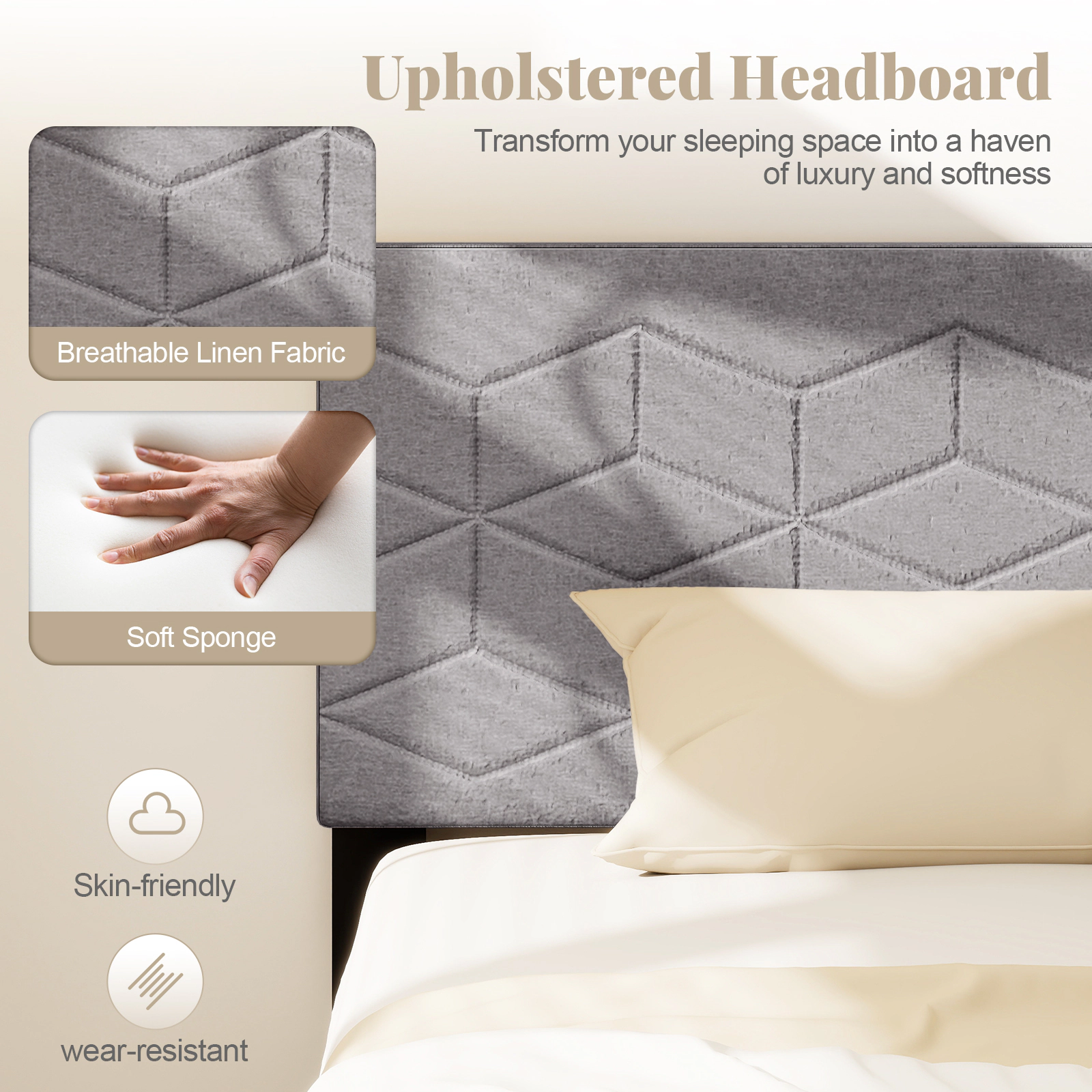 Twin Bed Frame Modern Platform Bed with Linen Upholstered Headboard 10 LVL Slats 6 Support Legs Gray