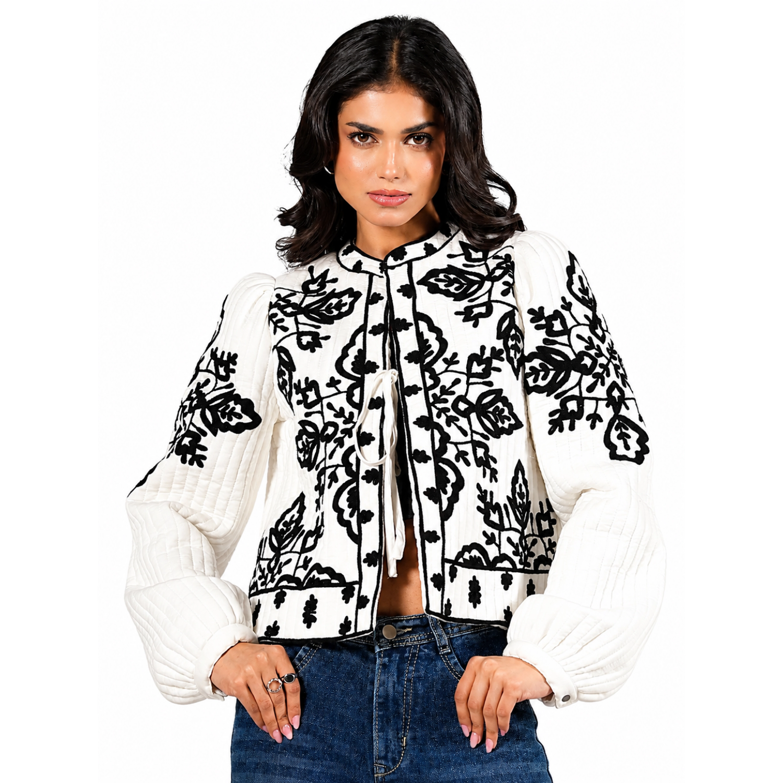 Rose & Nancy Women's Lori Black And White Cotton Quilted Embroidered Jacket