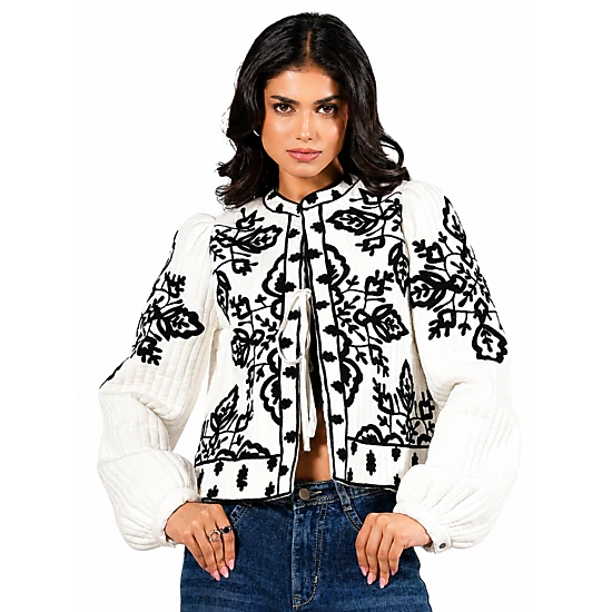 Rose & Nancy Women's Lori Black And White Cotton Quilted Embroidered Jacket