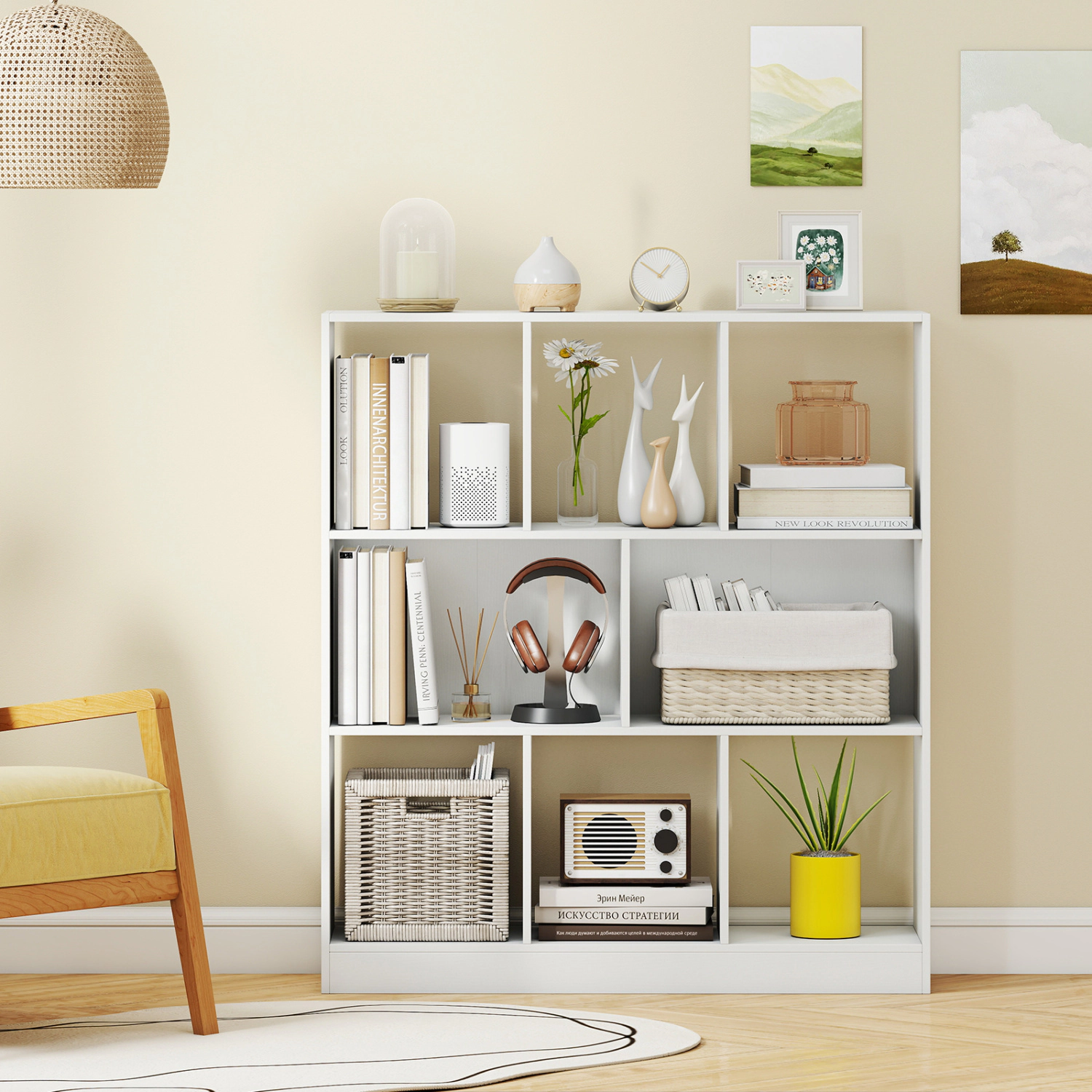 LJG 8-Cube Bookcase 3-Tier with 2-Sized Compartments and Anti-Tip Kits for Living Room
