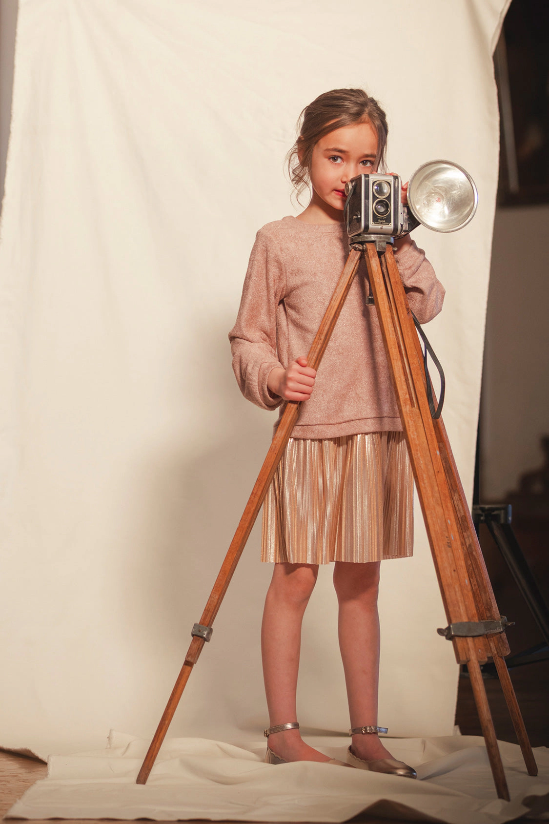 Deux par Girls Bi-Material Long Sleeve Accordion Pleated Dress