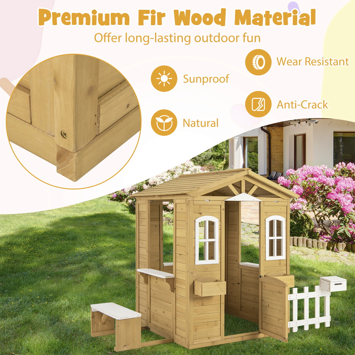SUGIFT Natural Bench Serving Window and Mailbox for Ages 2 and Up Wooden Kids Playhouse