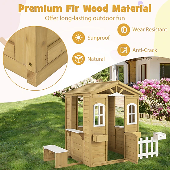 SUGIFT Kids Wooden Playhouse with Bench Serving Window and Mailbox 80.5-in Tall 110-lb Seat Natural and White