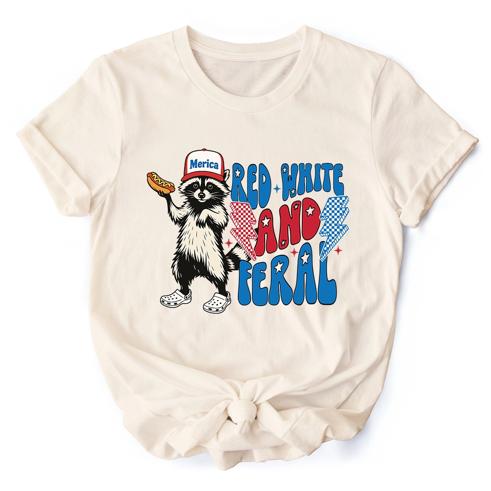 OrnamentallyYou Unisex Red White & Feral Raccoon T-Shirt