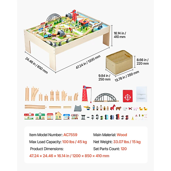 HONGGE 120 Piece Kids Wooden Train Table Set with Storage for Drawing ...