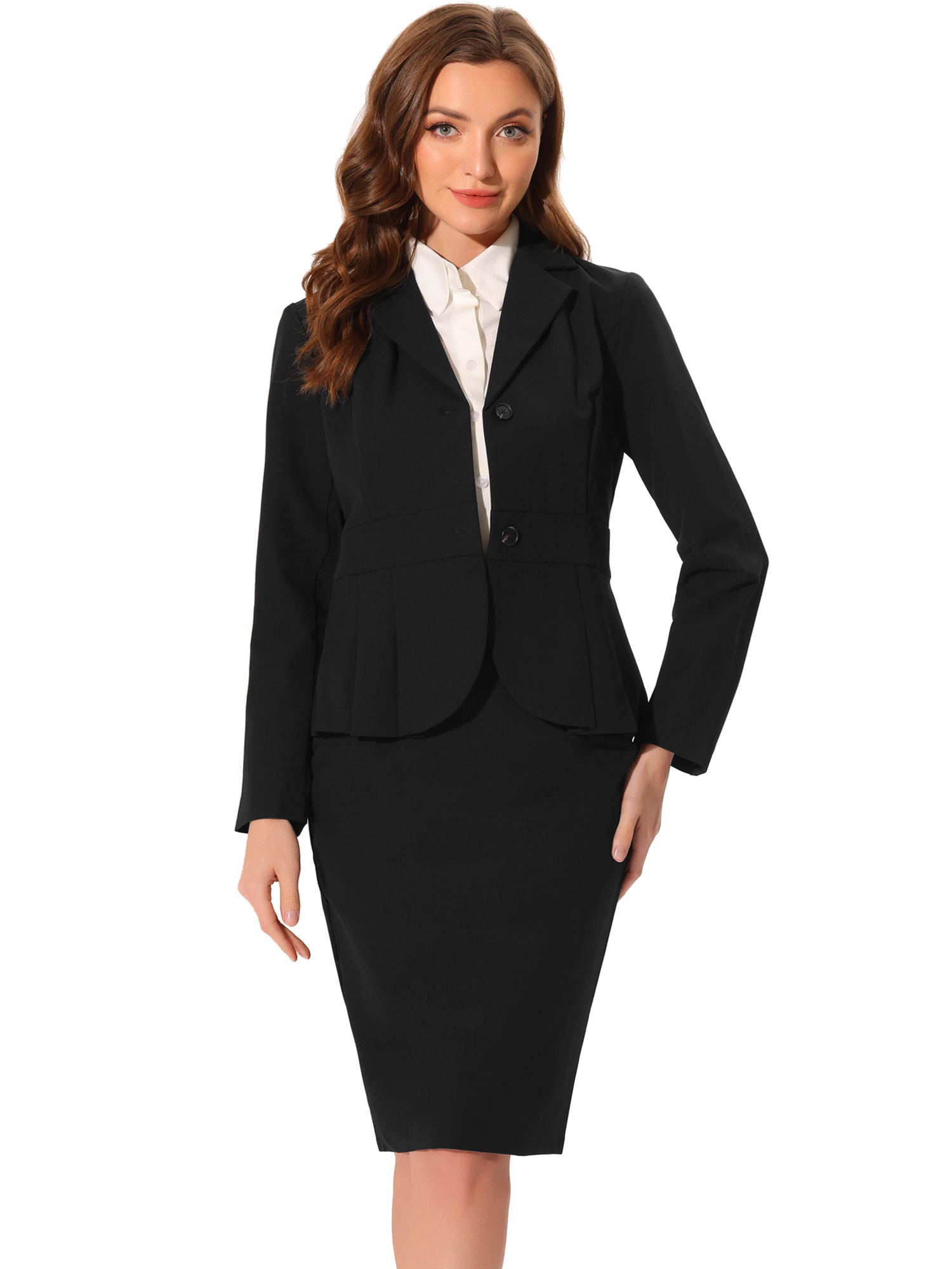 INSPIRE CHIC Women's 2 Piece Long Sleeve Lapel Peplum Blazer Pencil Business Skirt Suit Set