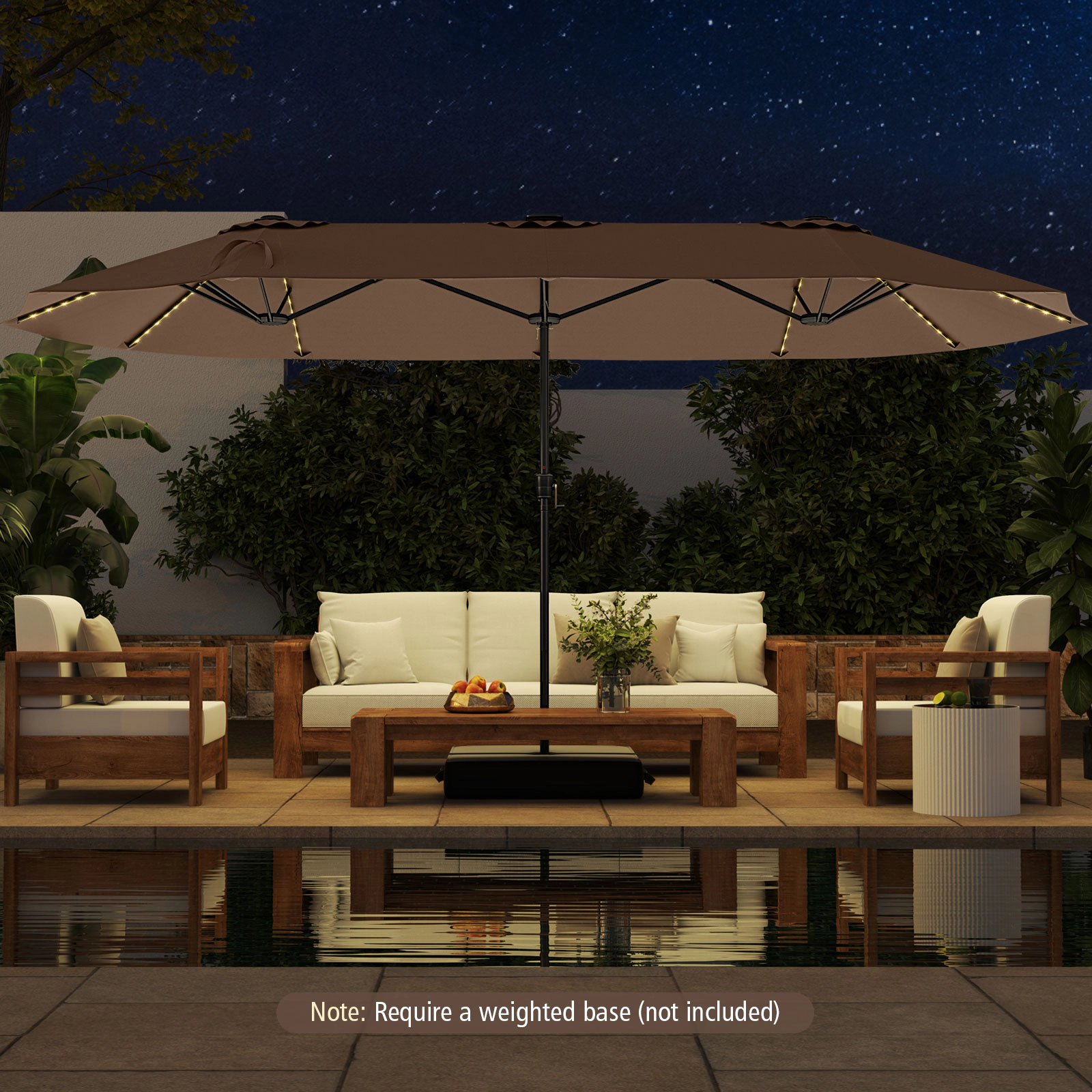 SUGIFT 15.5-ft Double-Sided Patio Umbrella with LED Solar Lights and Crank Handle Brown