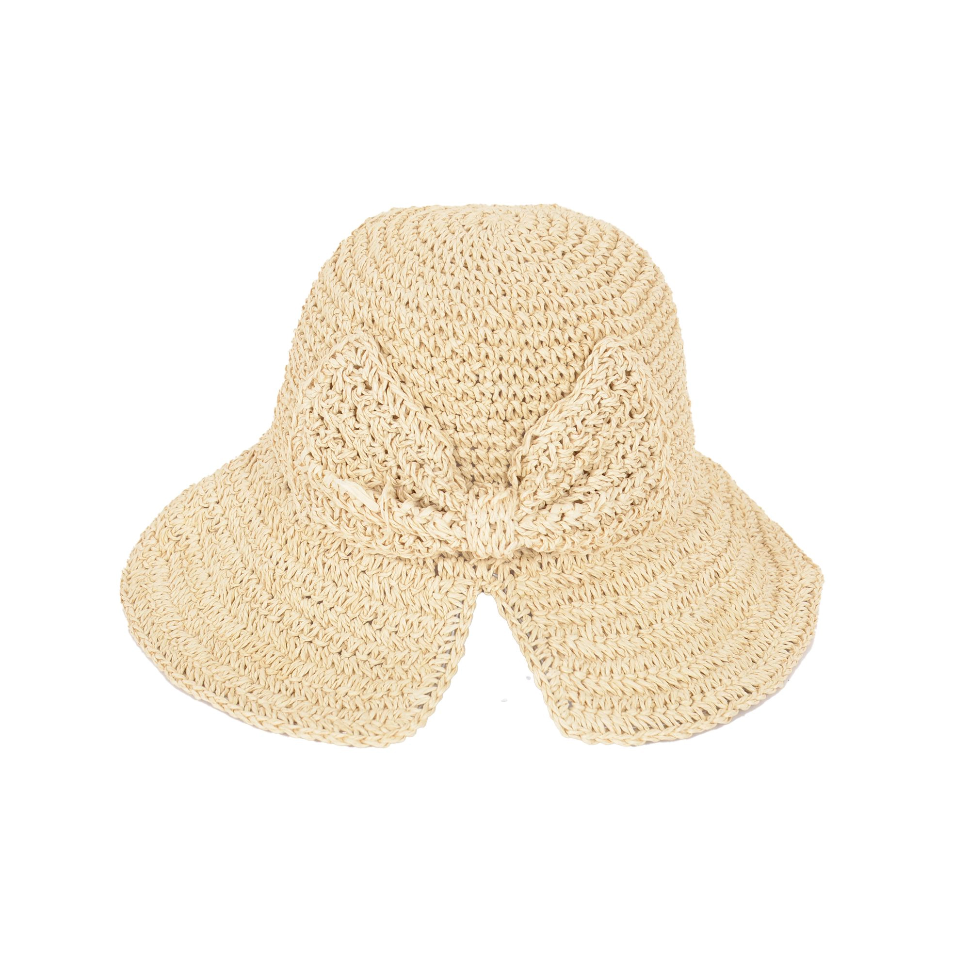 Anna-Kaci Women's Crochet Raffia Sun Hat with Wide Brim and Bow Detail Foldable Summer Beach