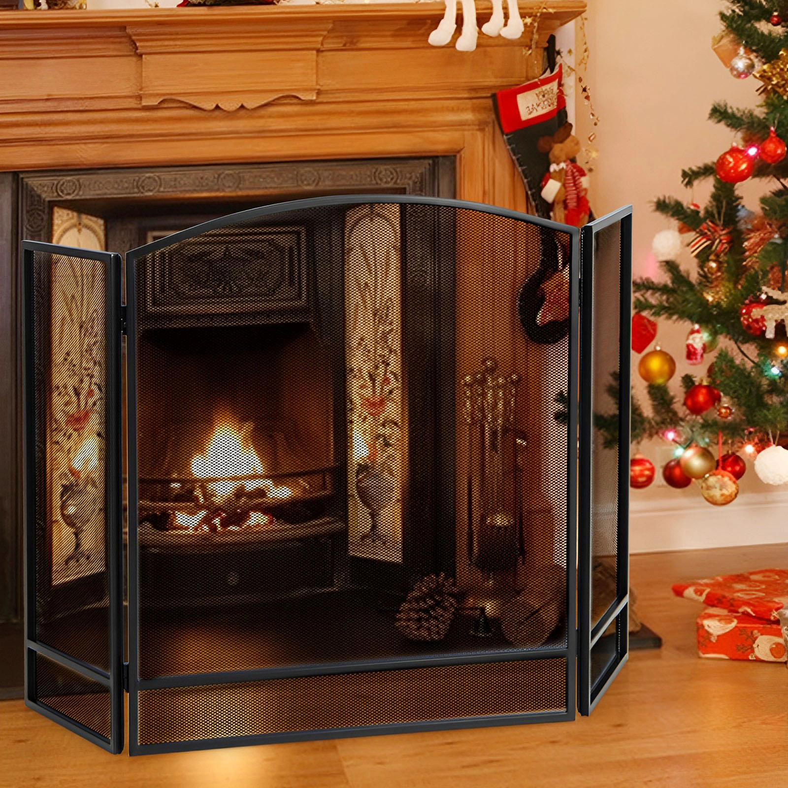 SUGIFT 3-Panel Folding Fireplace Screen, 48.5 in W x 29 in H, Black Wrought Iron Mesh