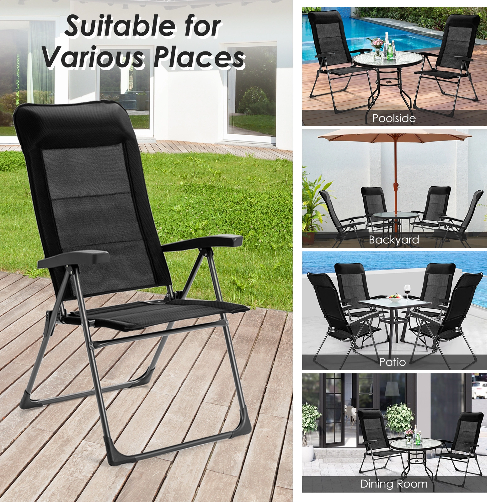 SUGIFT 2-Pc Portable Folding Patio Dining Chairs with Adjustable Backrest 330-Lb Capacity 28-in Chair Height Black
