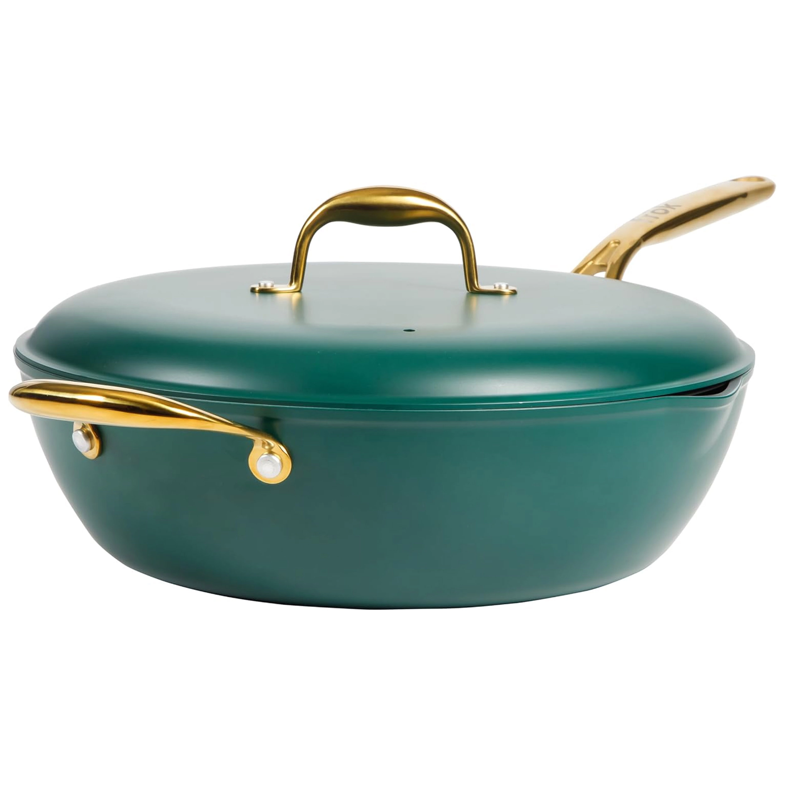Frok 13 Inch Ceramic Nonstick Aluminum Tall Frying Pan with Lid in Green and Gold Handles