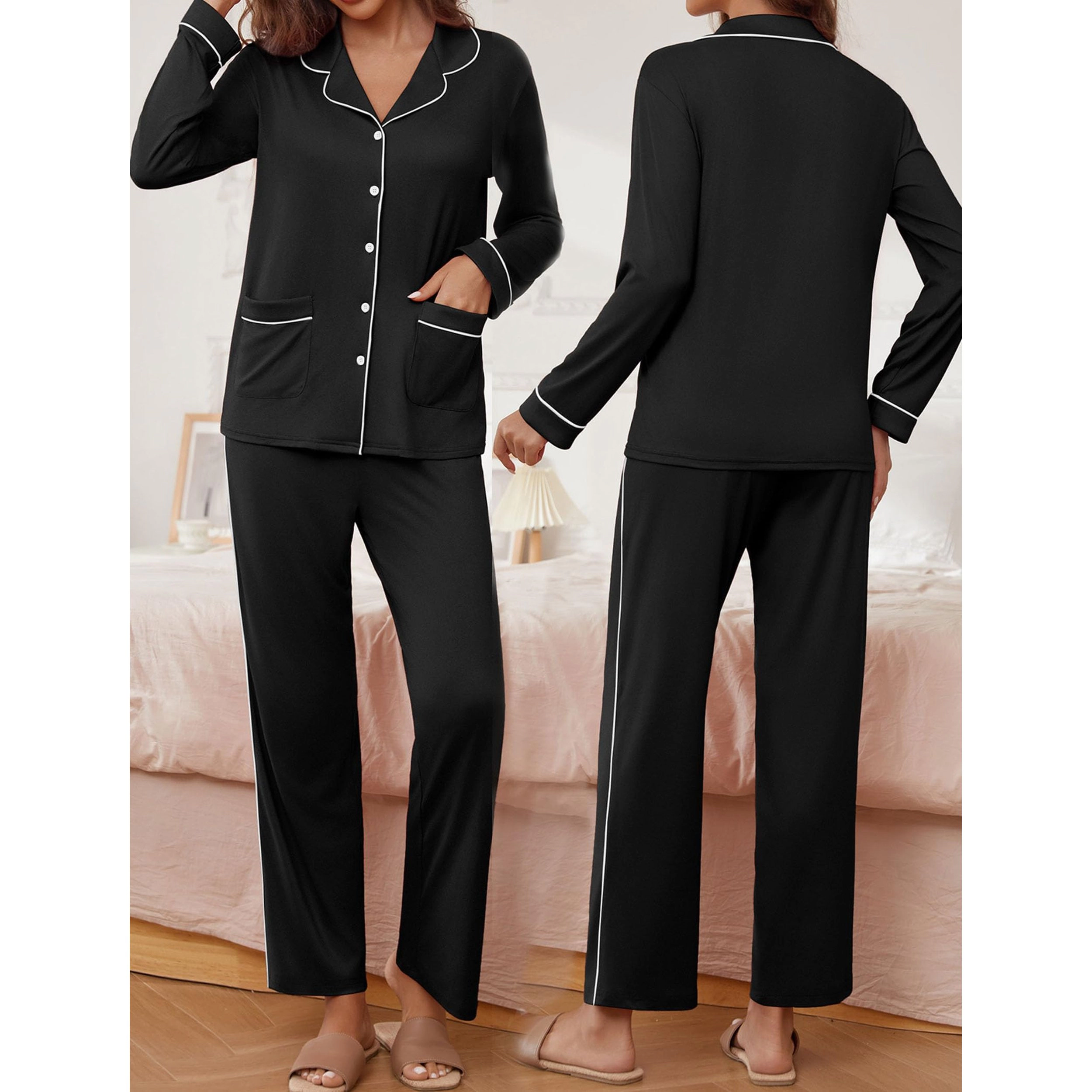 Ekouaer Pajamas Set Button Down Pajama Long Sleeve Shirt and Pants Lounge Sets Sleepwear