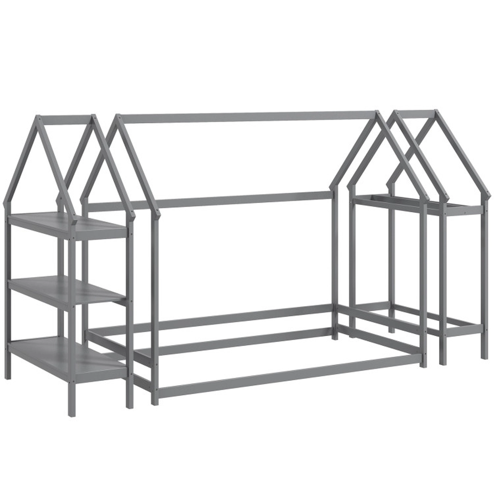 SUGIFT Gray Detachable Storage Shelves and Coat Rack Twin Kids Montessori House Floor Bed